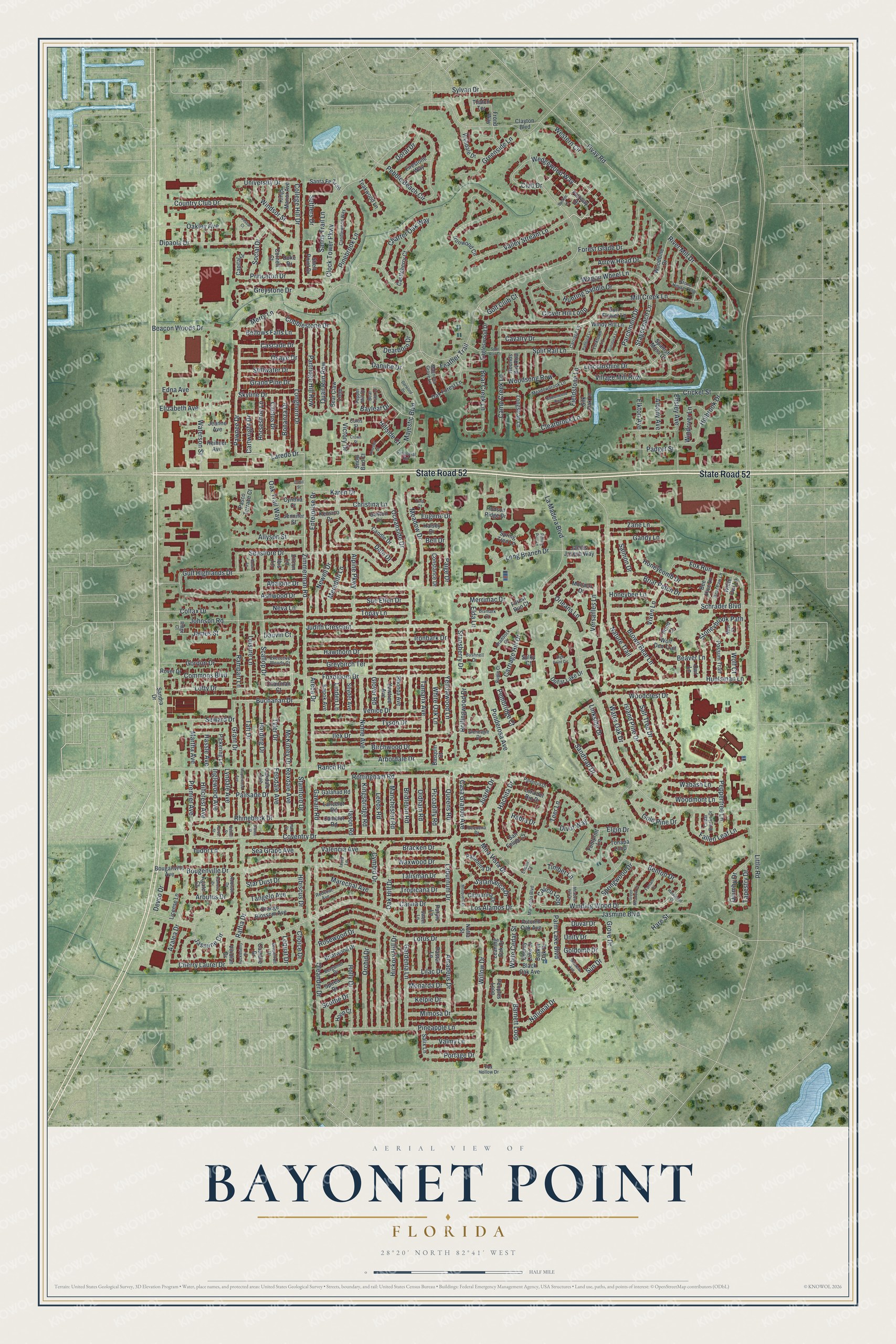 Full map of Bayonet Point, Florida, with red buildings, printed street names and the land around them