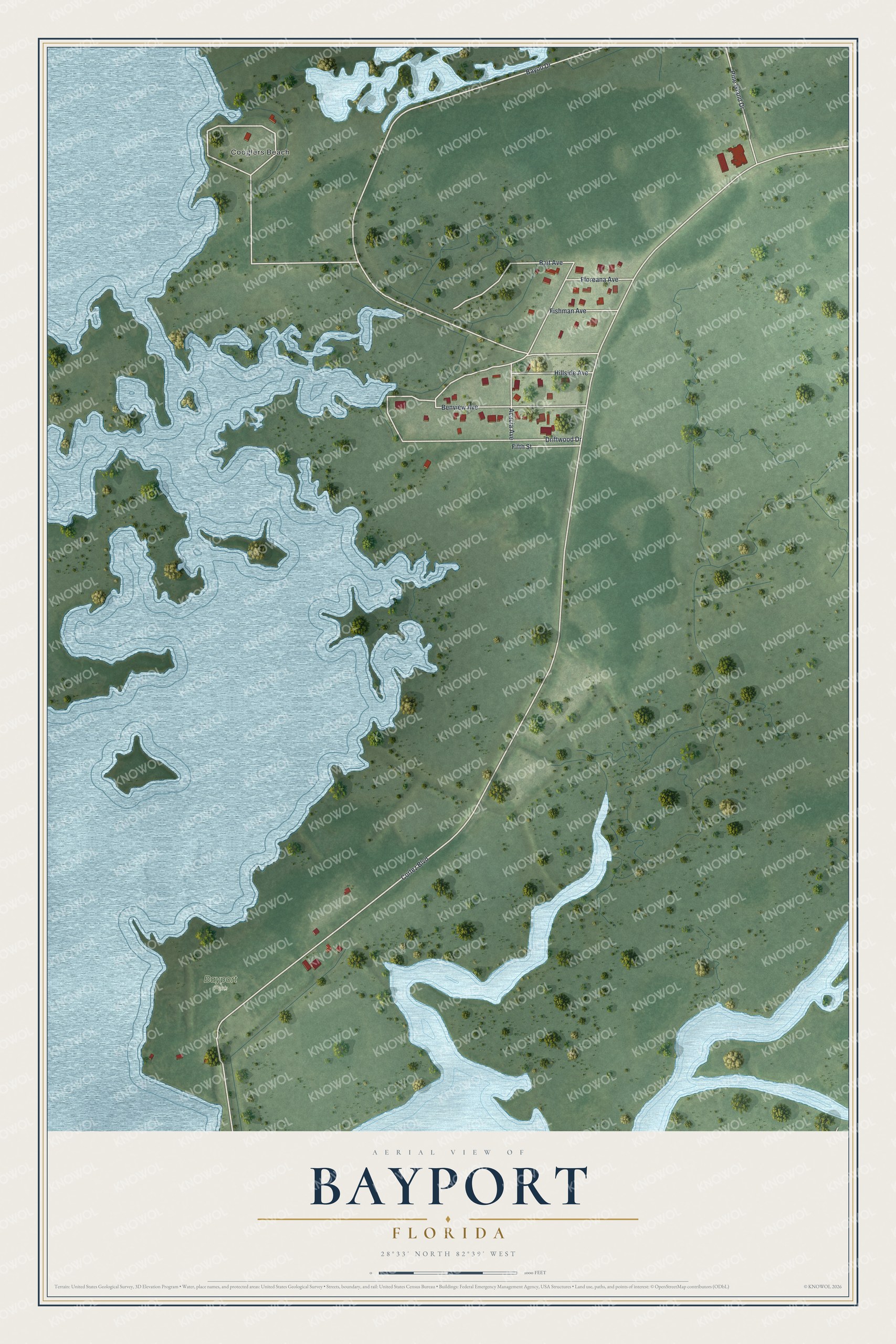 Full map of Bayport, Florida, with red buildings, printed street names and the land around them