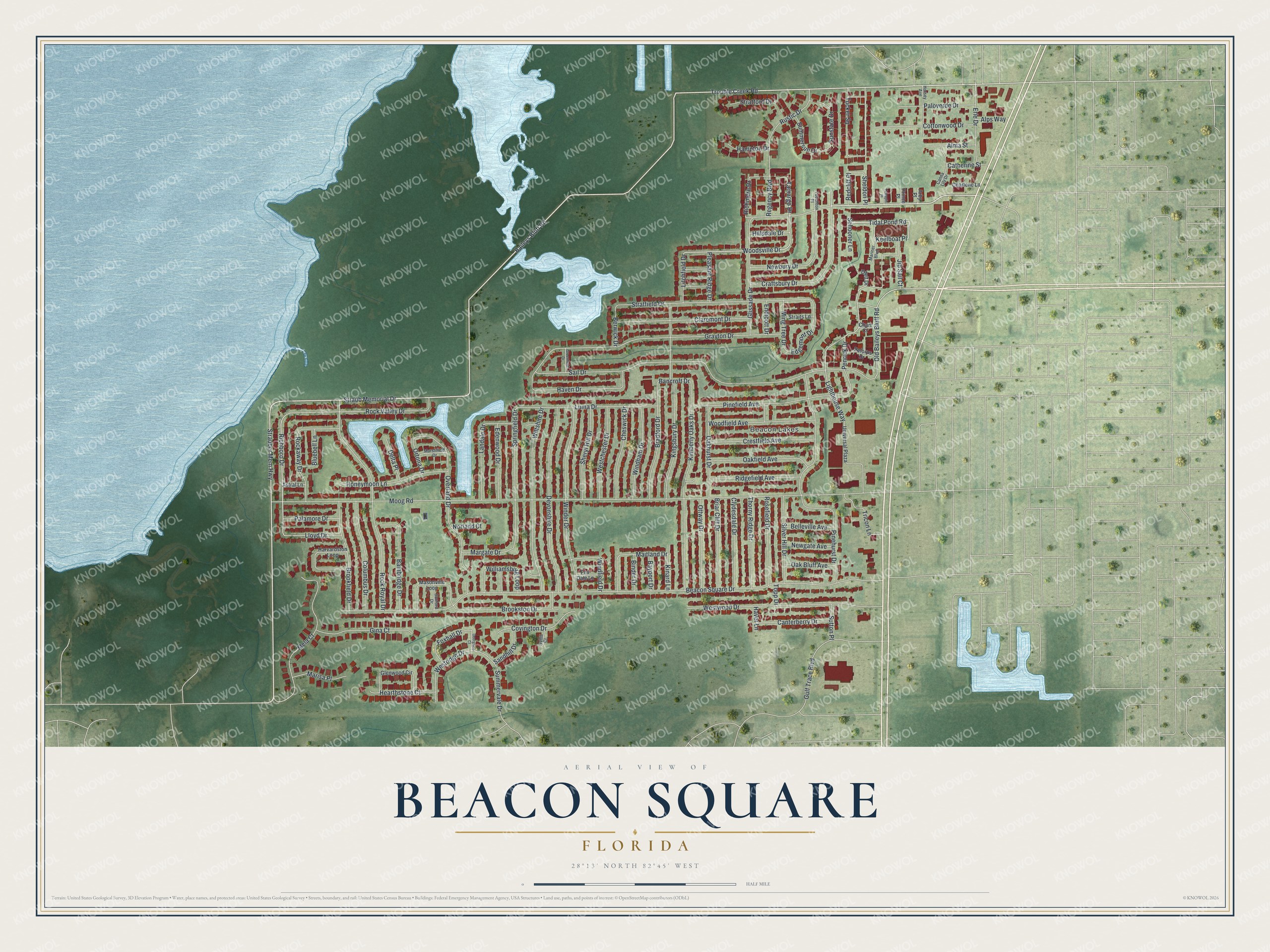 Full map of Beacon Square, Florida, with red buildings, printed street names and the land around them