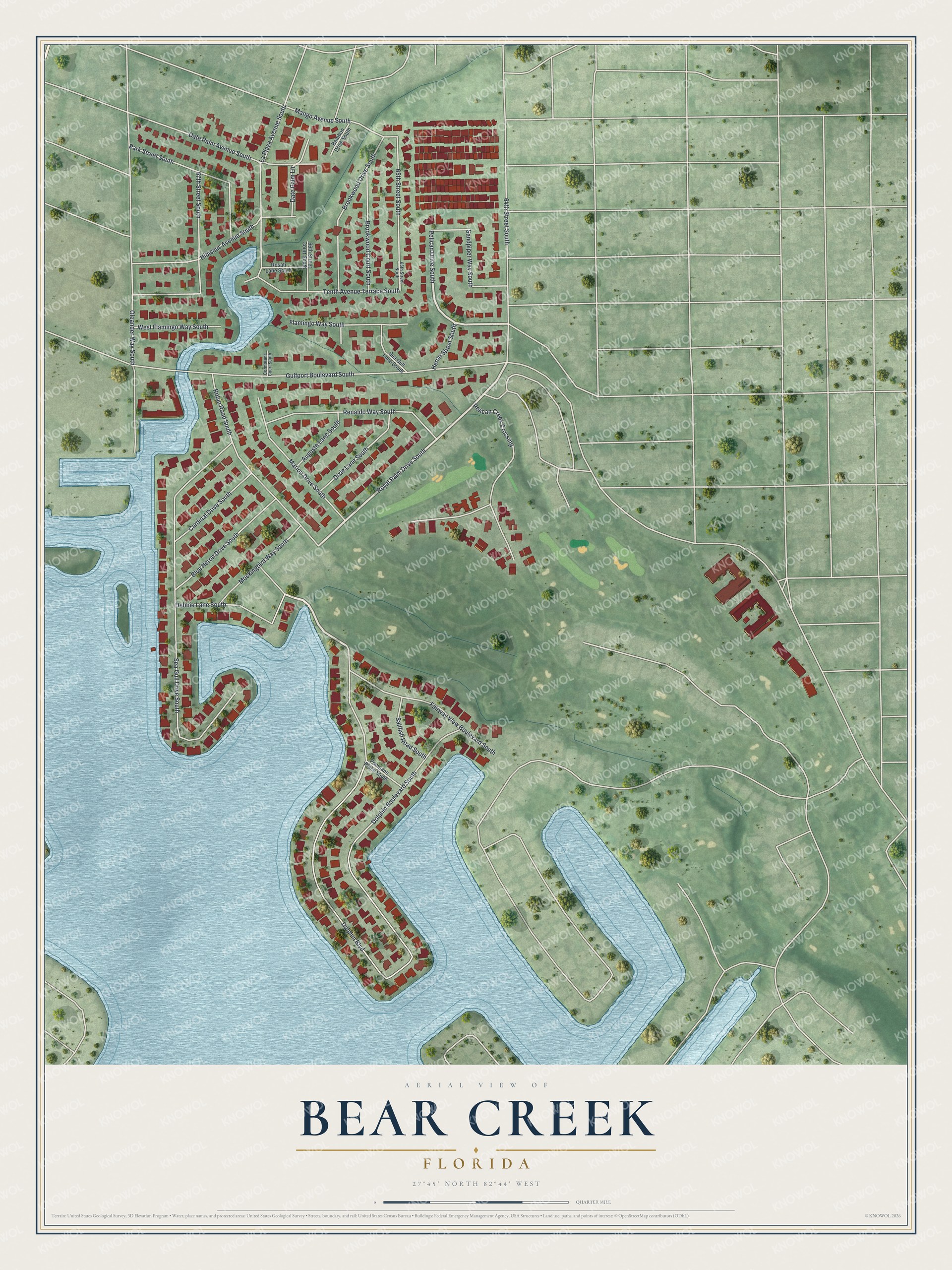 Full map of Bear Creek, Florida, with red buildings, printed street names and the land around them