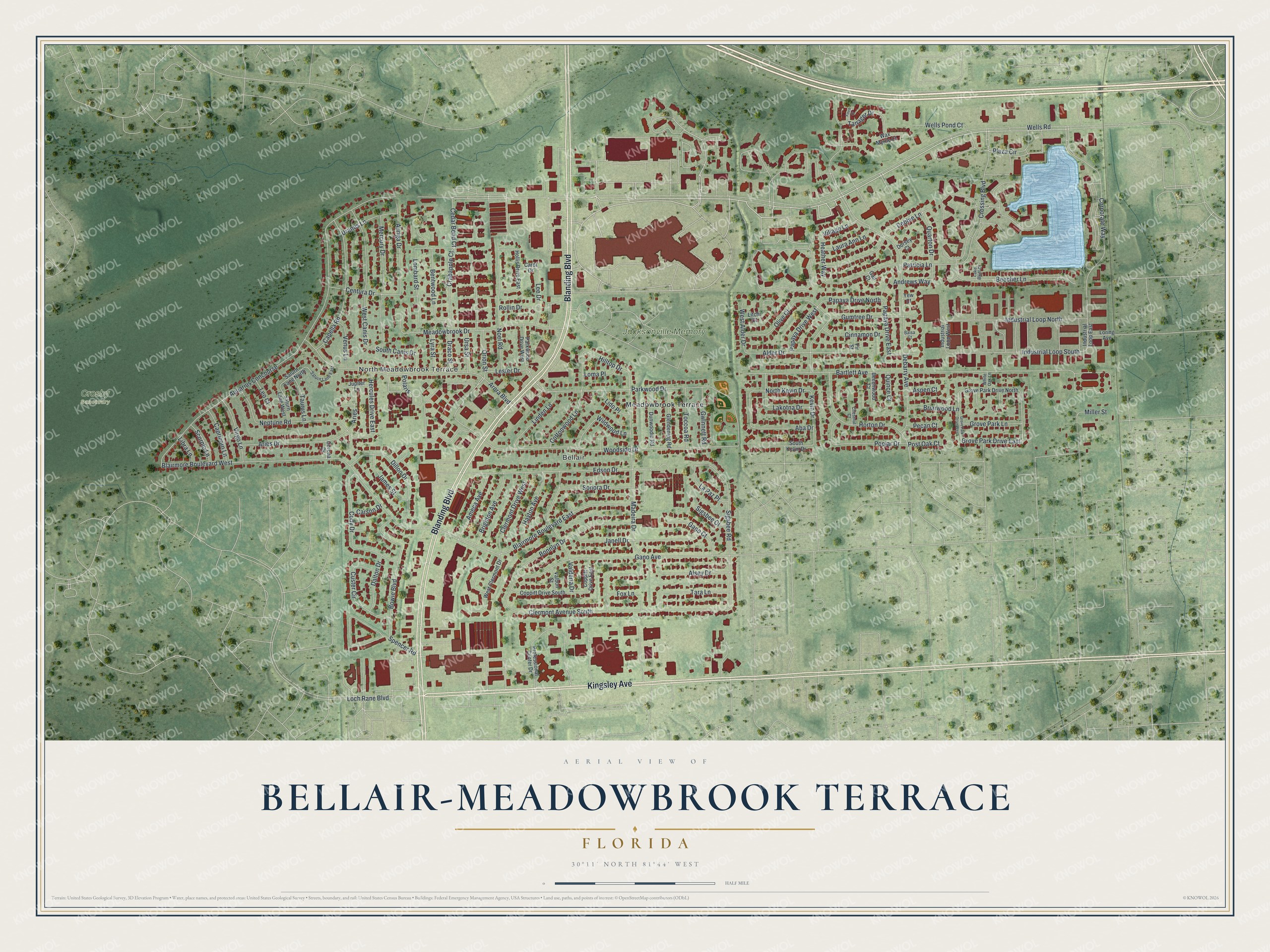 Full map of Bellair-Meadowbrook Terrace, Florida, with red buildings, printed street names and the land around them