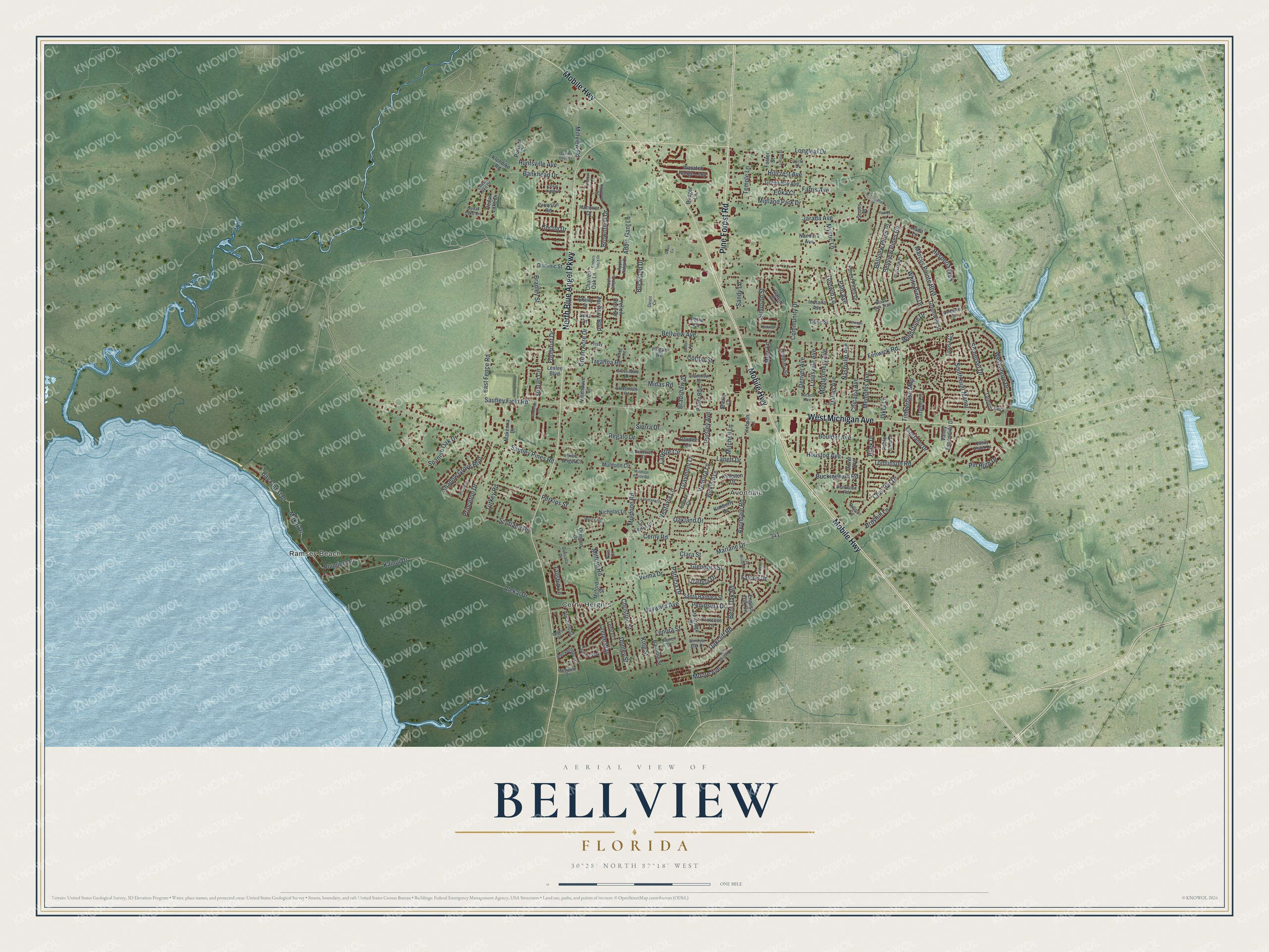 Full map of Bellview, Florida, with red buildings, printed street names and the land around them