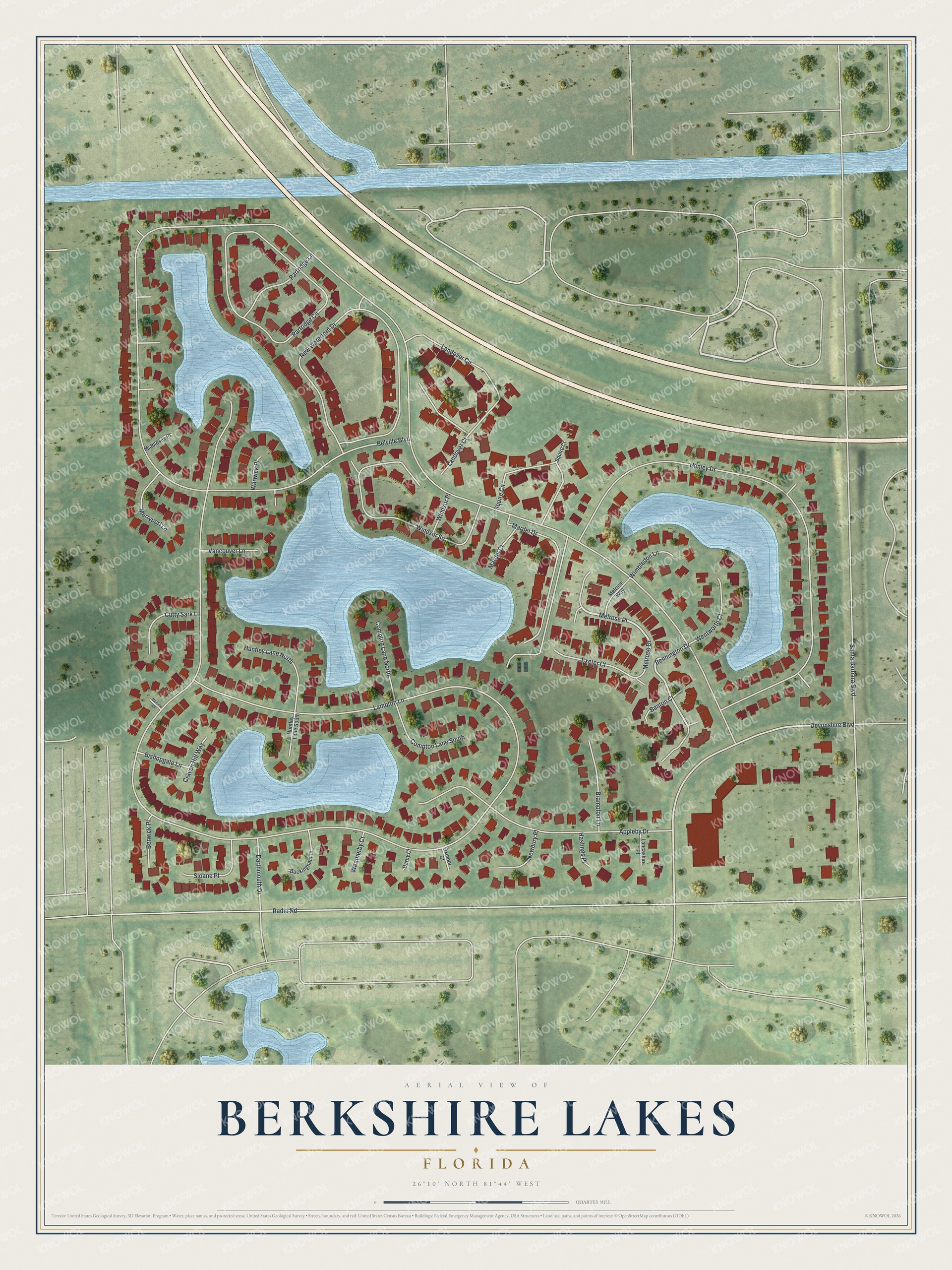 Full map of Berkshire Lakes, Florida, with red buildings, printed street names and the land around them