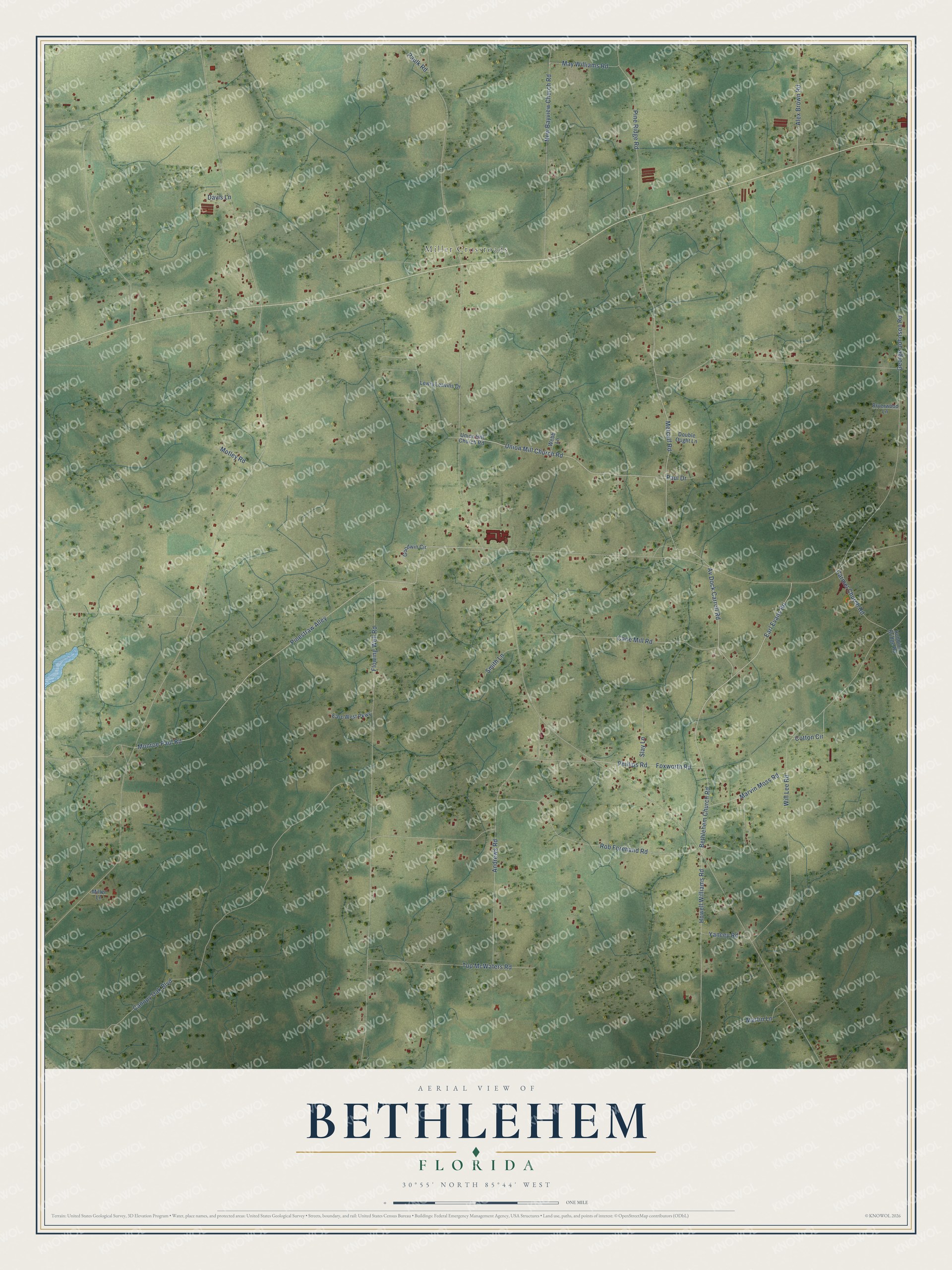 Full map of Bethlehem, Florida, with red buildings, printed street names and the land around them