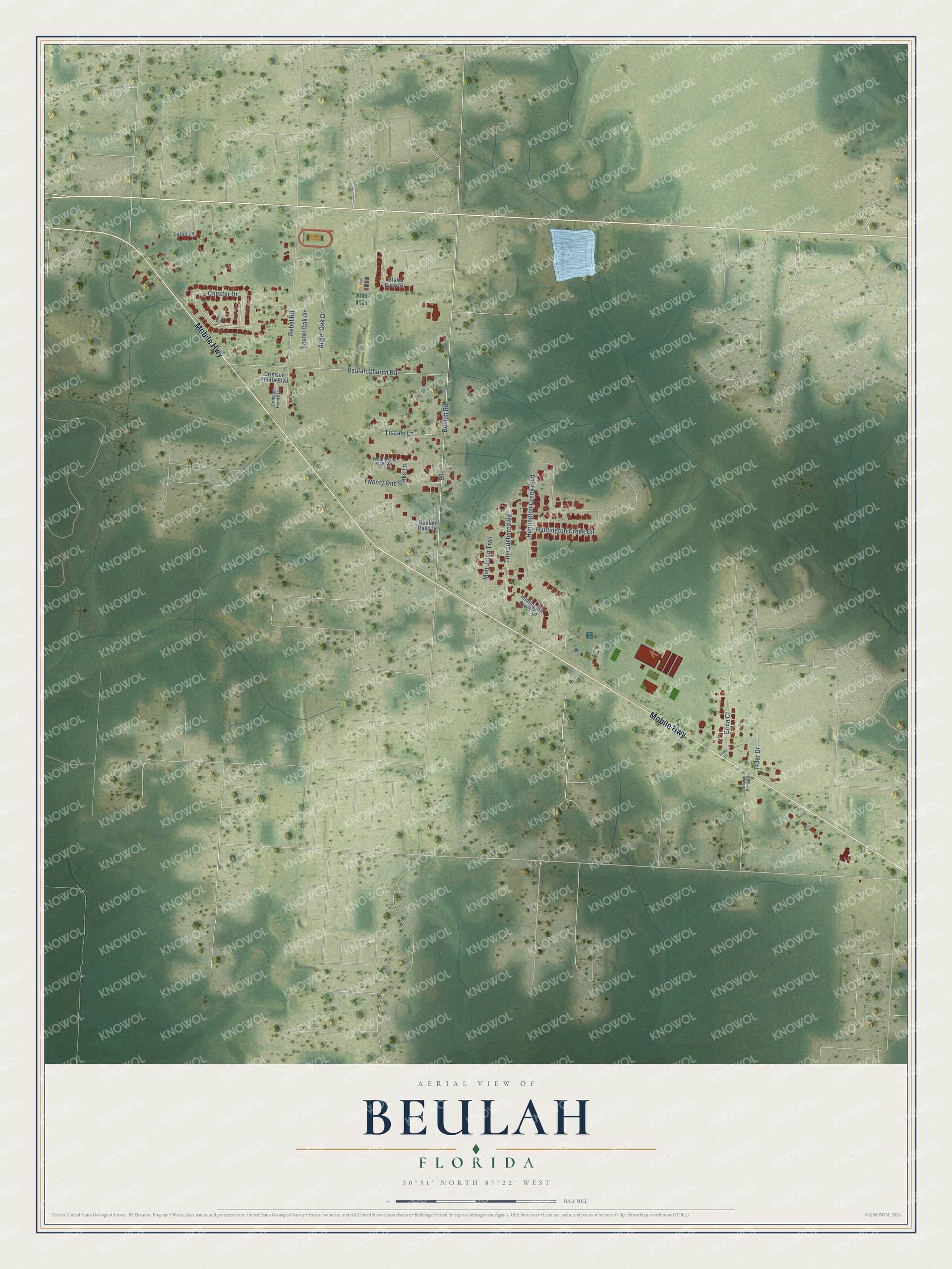 Full map of Beulah, Florida, with red buildings, printed street names and the land around them