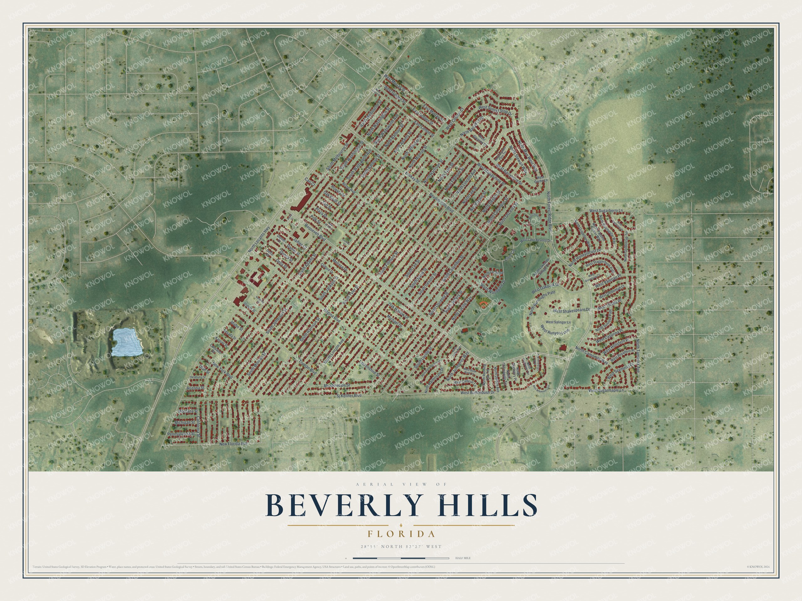 Full map of Beverly Hills, Florida, with red buildings, printed street names and the land around them