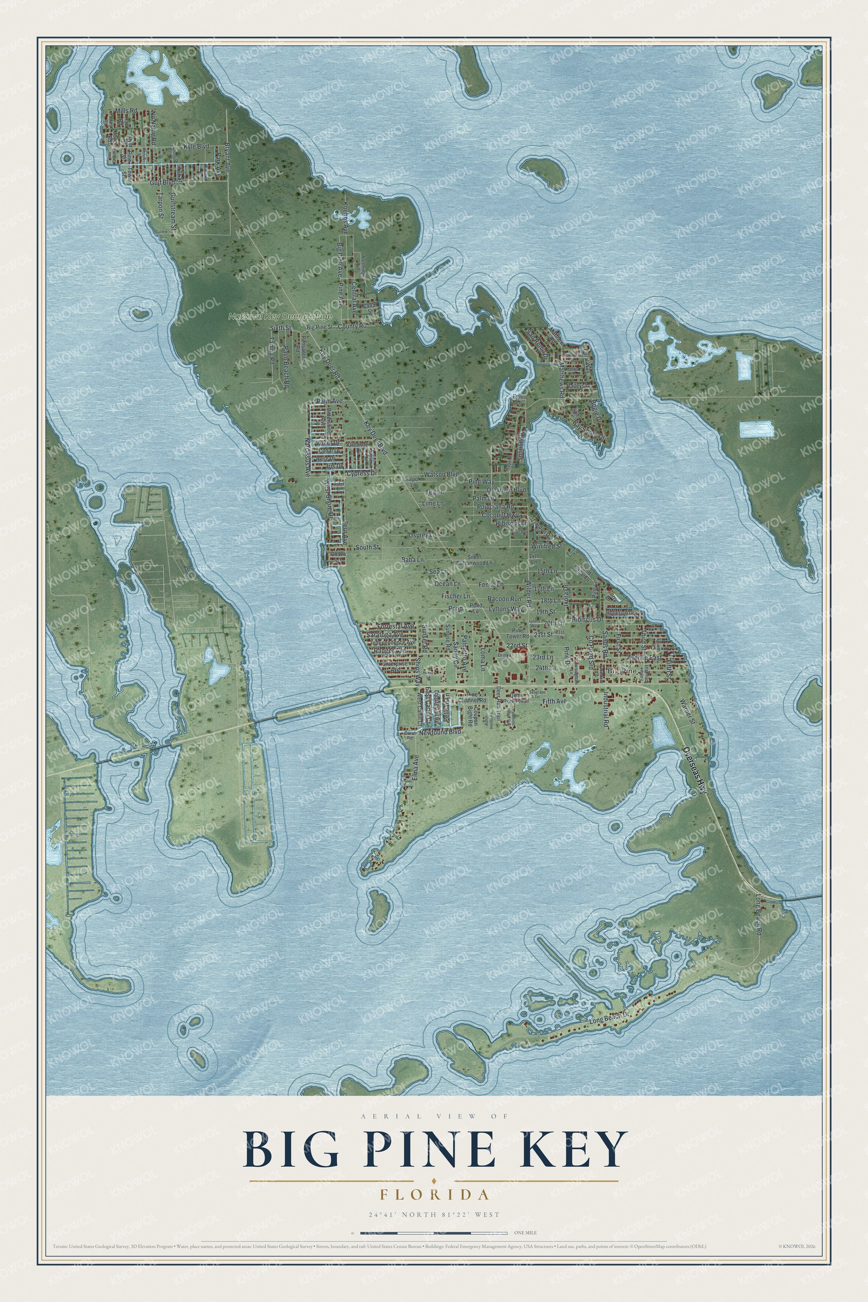 Full map of Big Pine Key, Florida, with red buildings, printed street names and the land around them