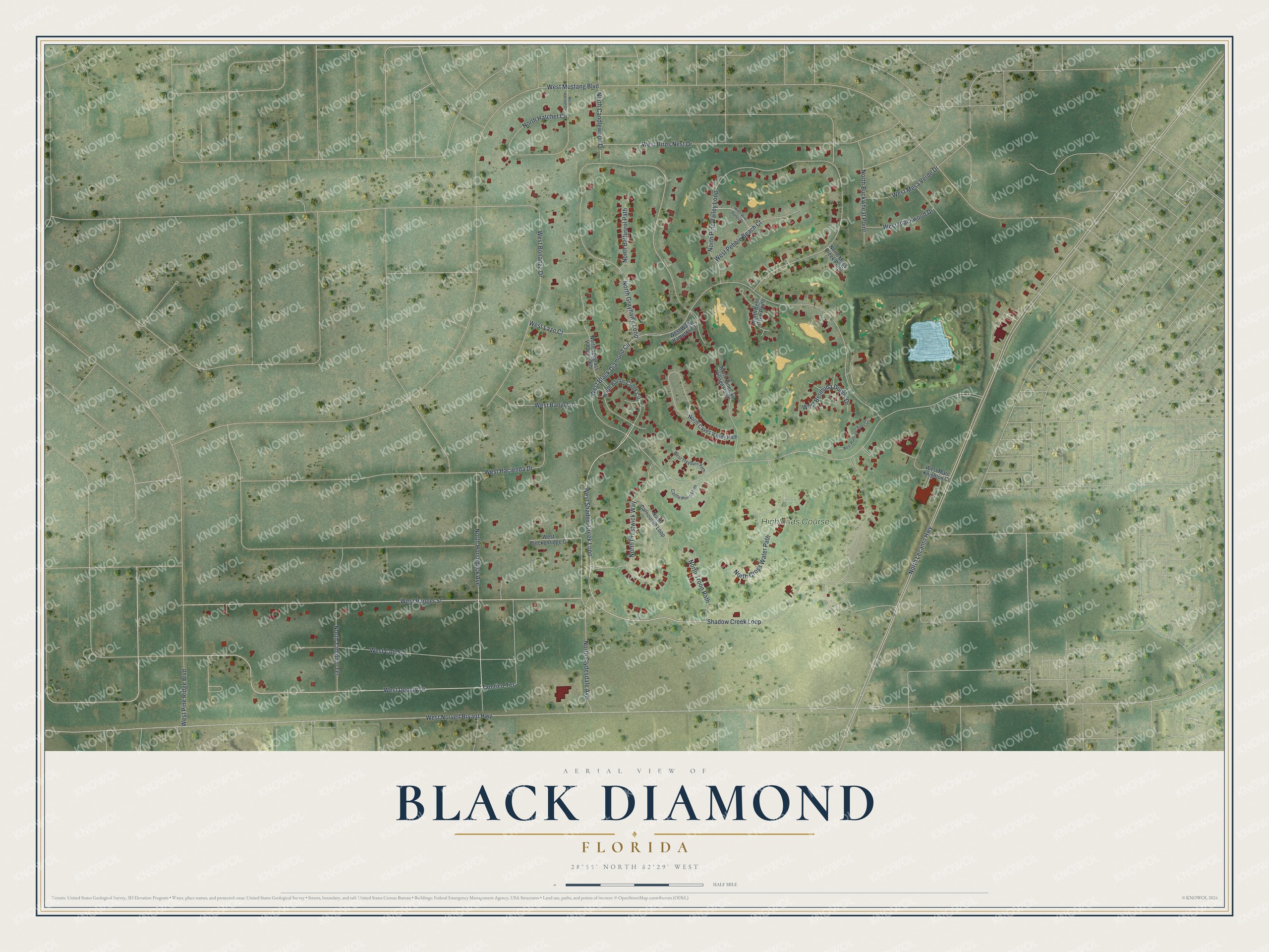 Full map of Black Diamond, Florida, with red buildings, printed street names and the land around them