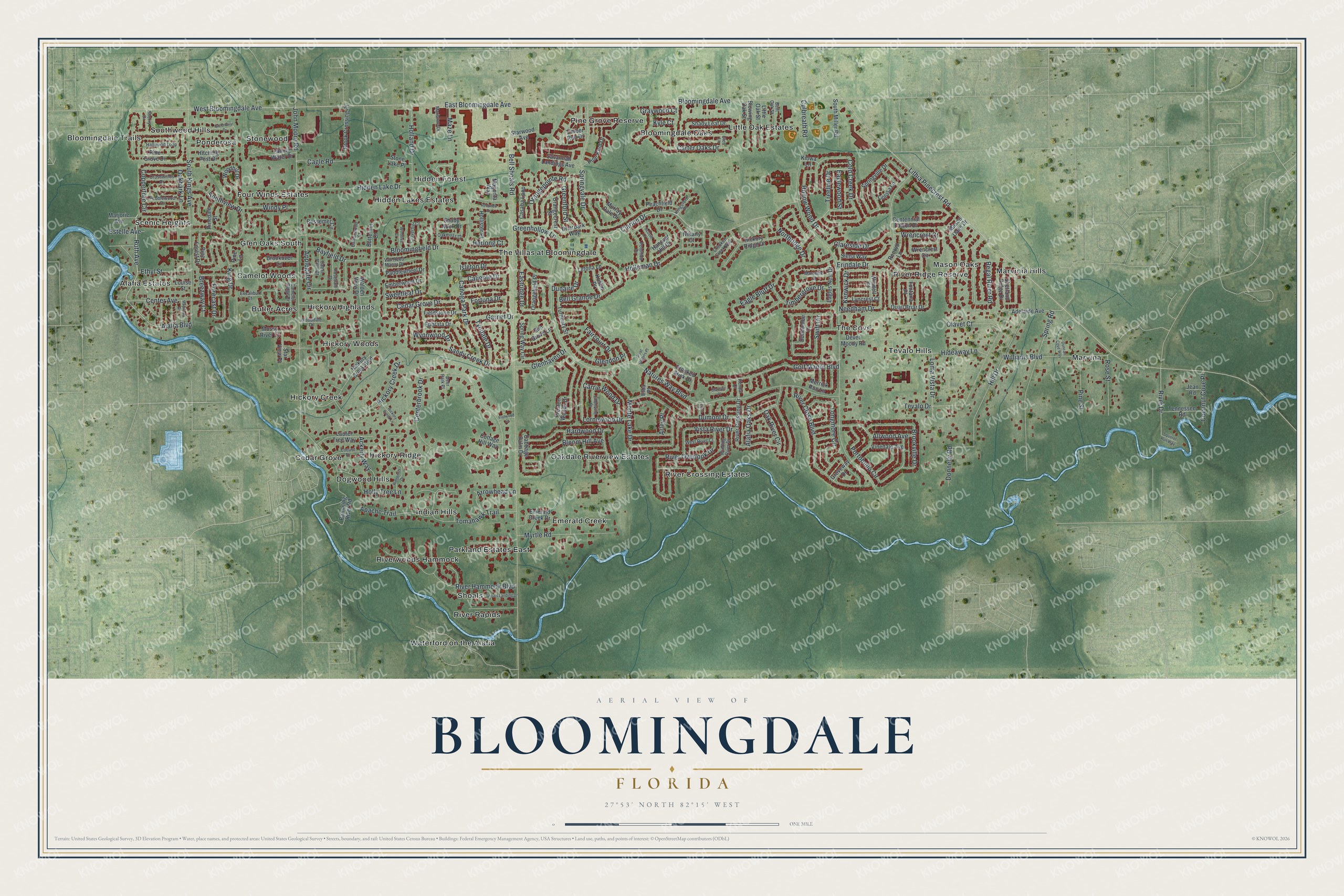 Full map of Bloomingdale, Florida, with red buildings, printed street names and the land around them