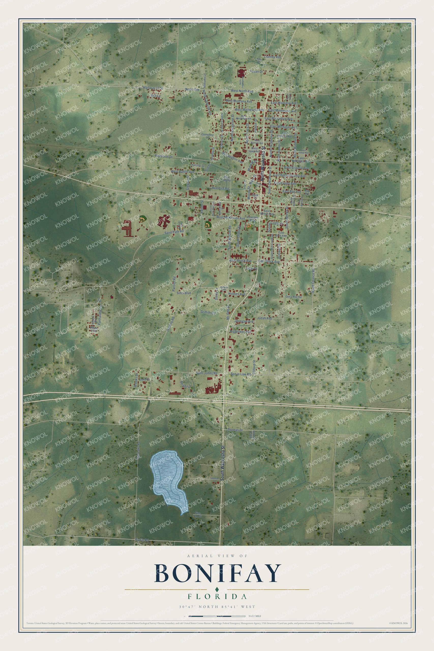 Map of Bonifay, Florida, with Waukesha Street, Pipkin Road, Brock Avenue and Bonifay Cemetery
