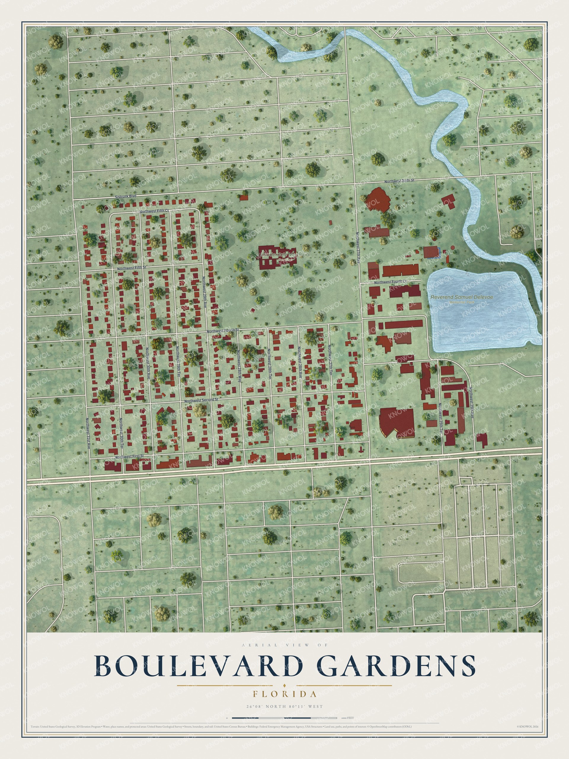 Full map of Boulevard Gardens, Florida, with red buildings, printed street names and the land around them