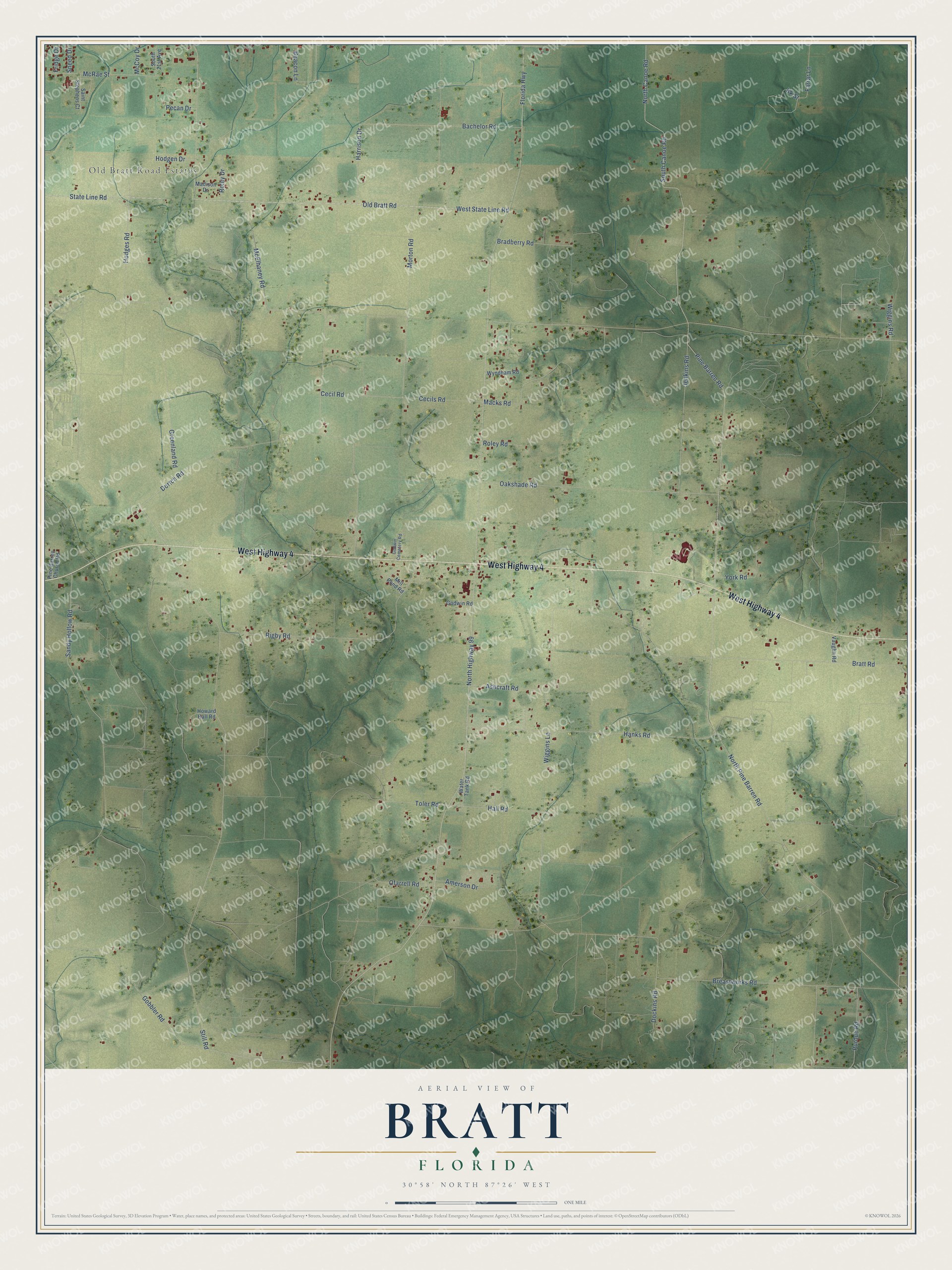 Full map of Bratt, Florida, with red buildings, printed street names and the land around them