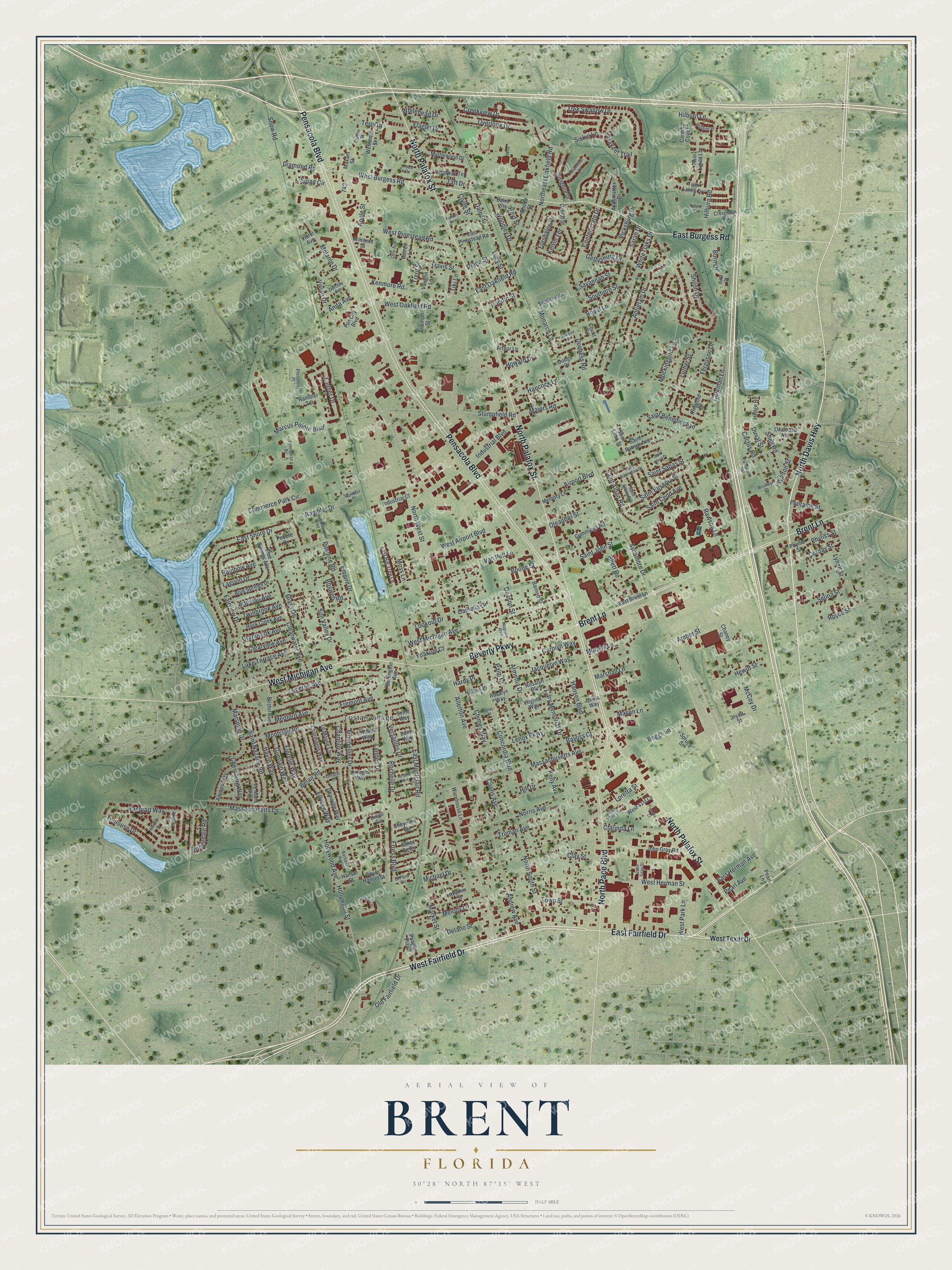 Full map of Brent, Florida, with red buildings, printed street names and the land around them