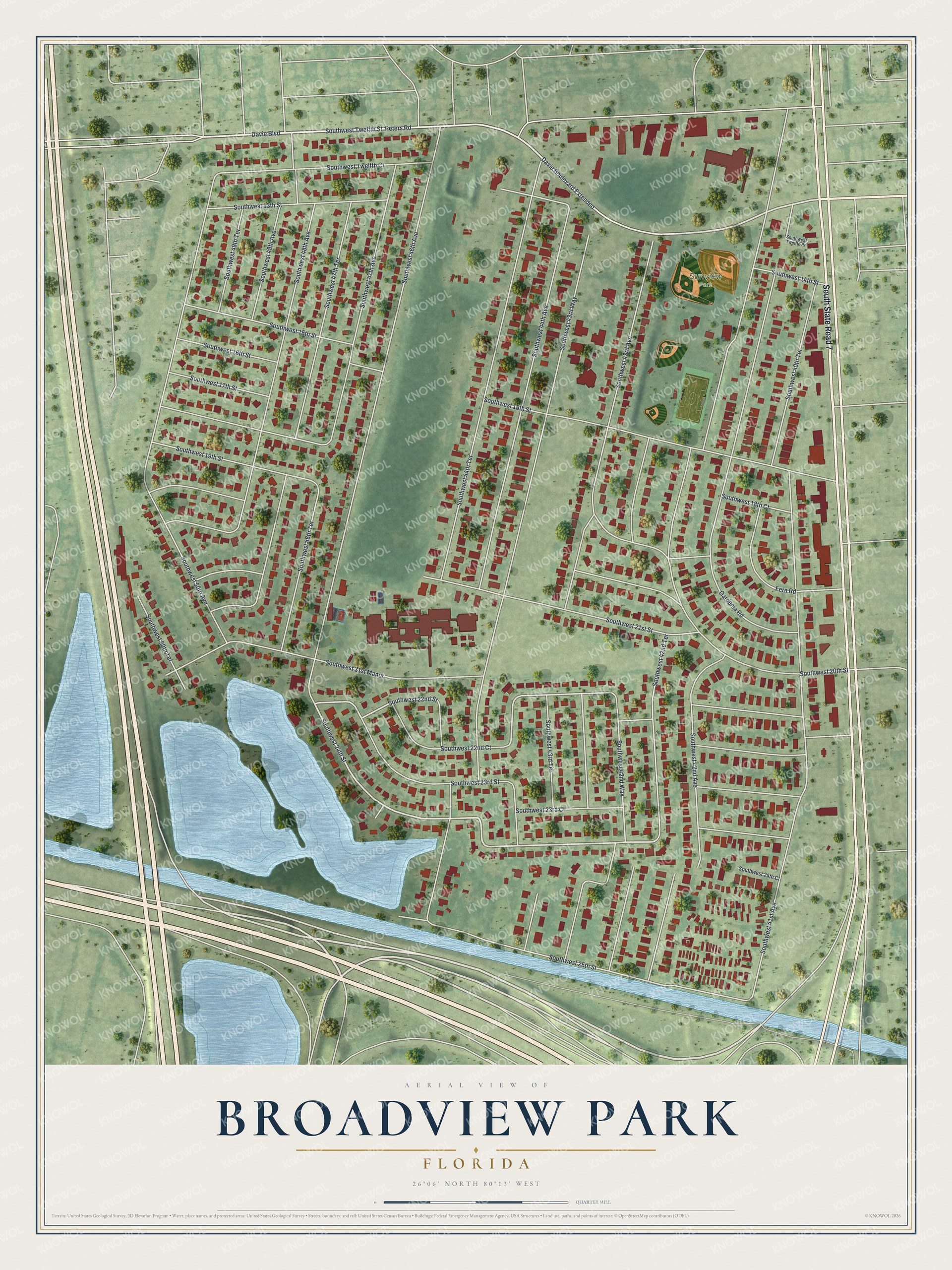 Full map of Broadview Park, Florida, with red buildings, printed street names and the land around them