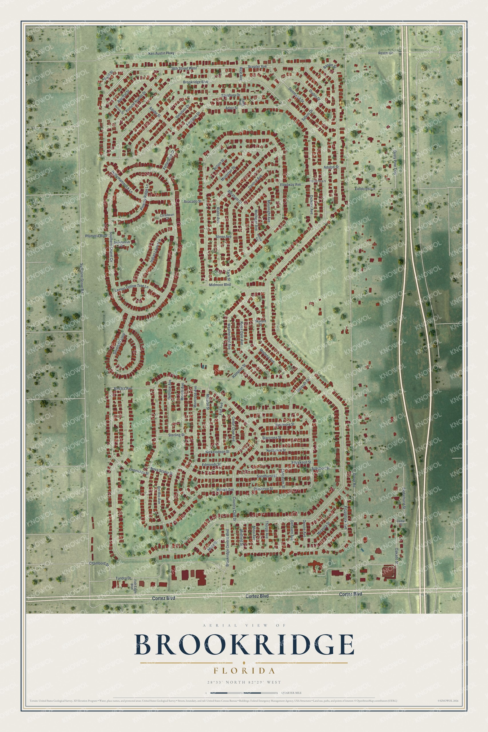 Full map of Brookridge, Florida, with red buildings, printed street names and the land around them