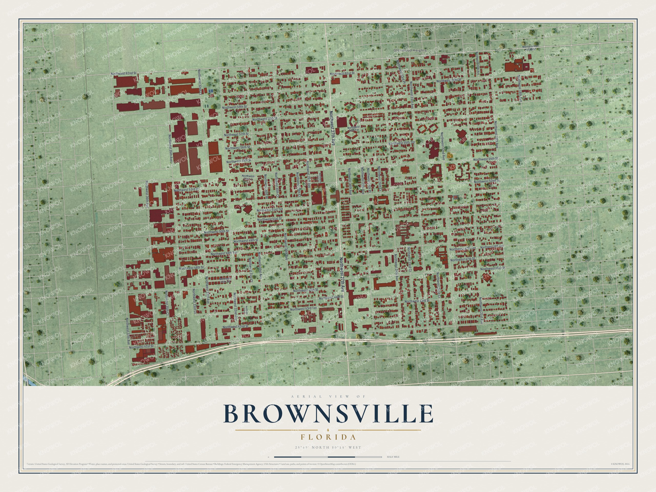 Full map of Brownsville, Florida, with red buildings, printed street names and the land around them