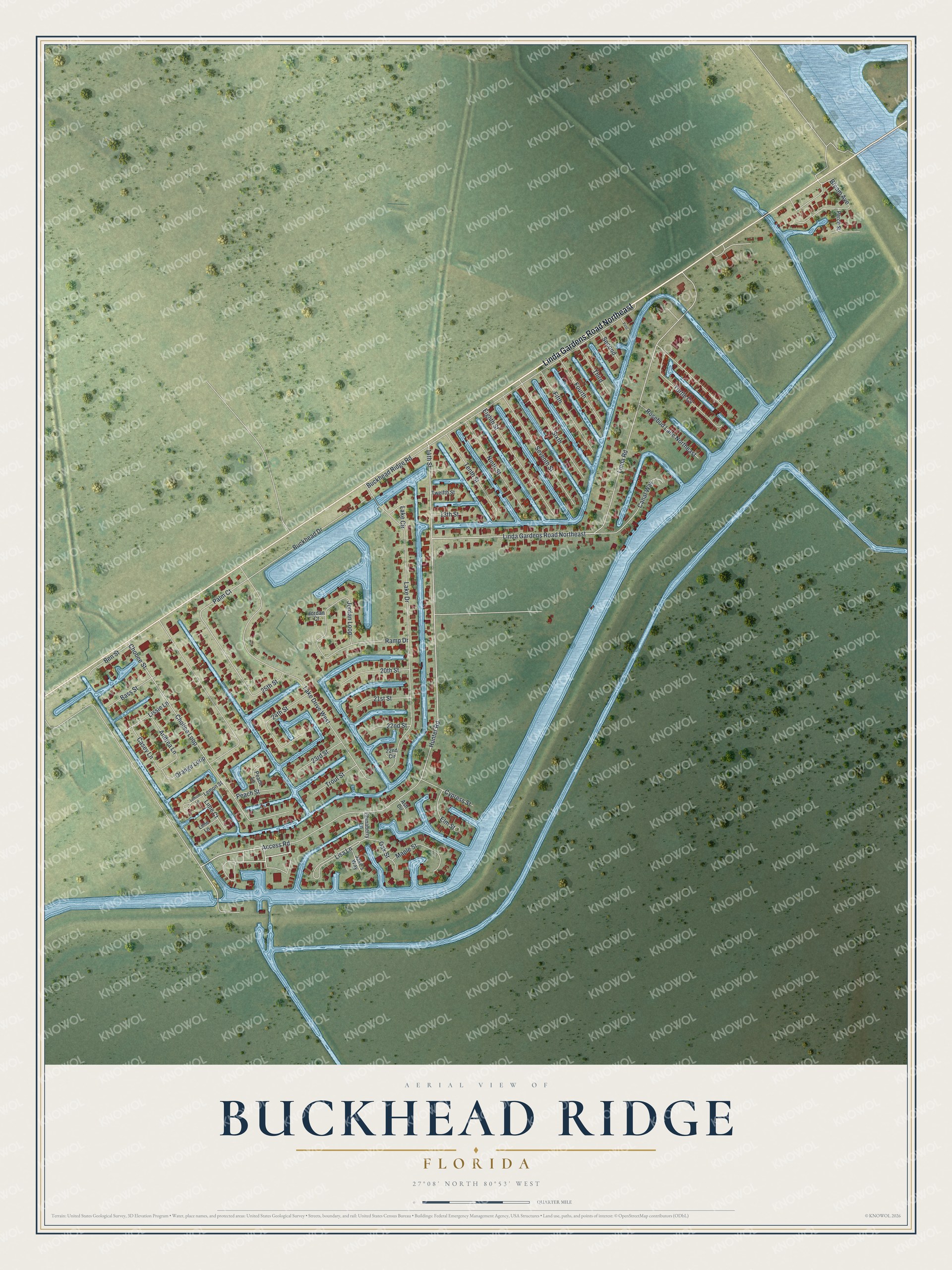 Full map of Buckhead Ridge, Florida, with red buildings, printed street names and the land around them