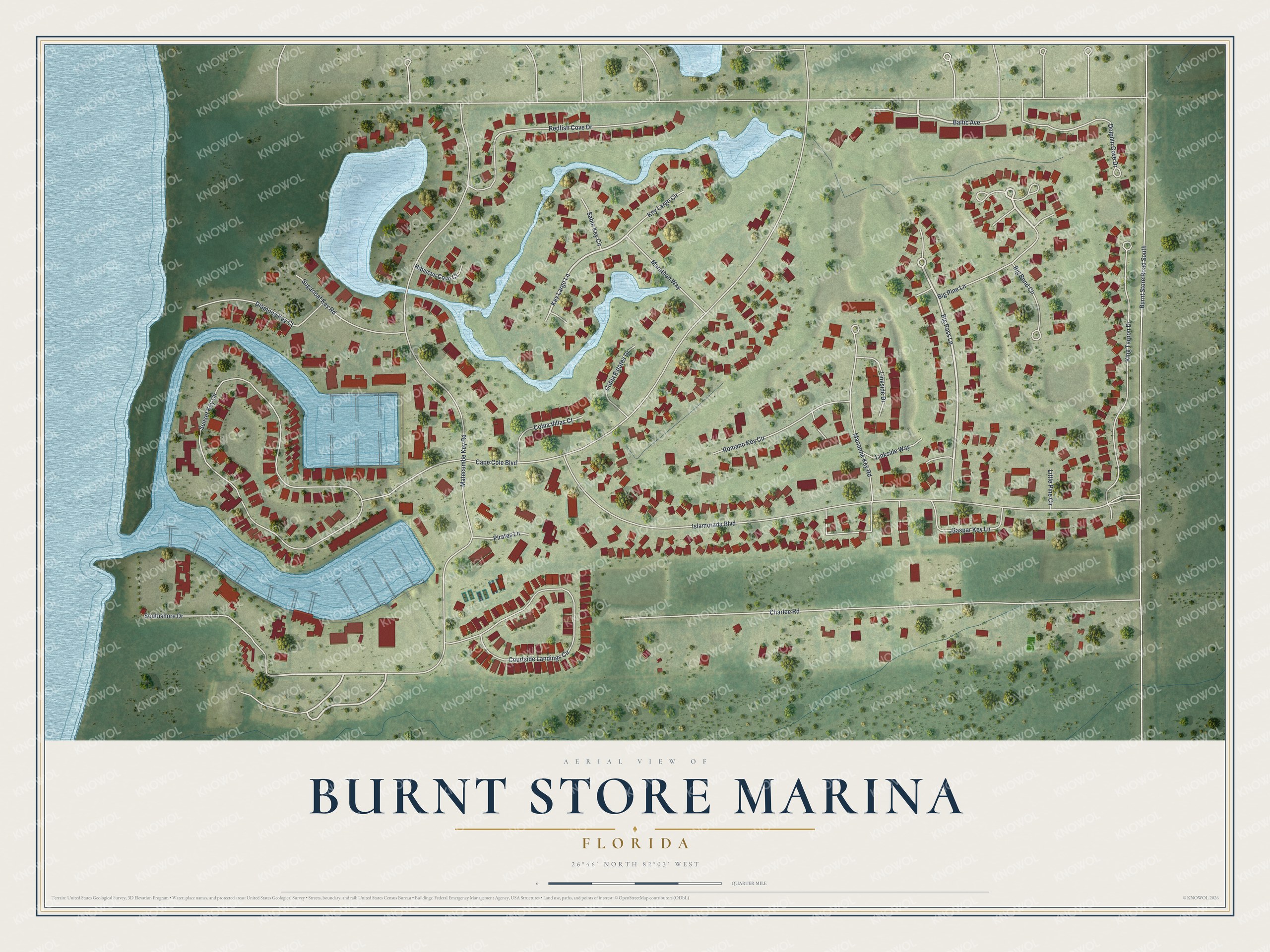 Full map of Burnt Store Marina, Florida, with red buildings, printed street names and the land around them