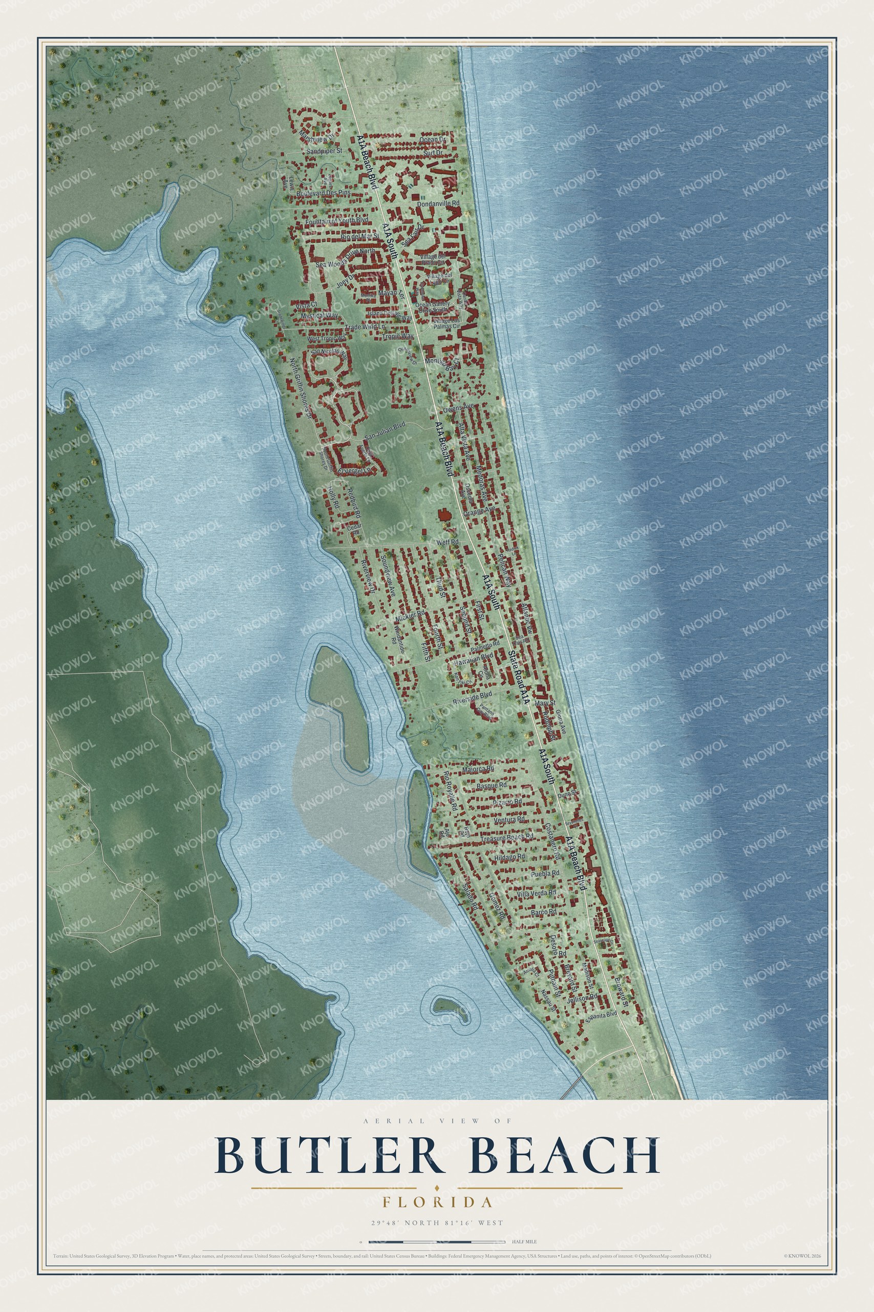 Full map of Butler Beach, Florida, with red buildings, printed street names and the land around them