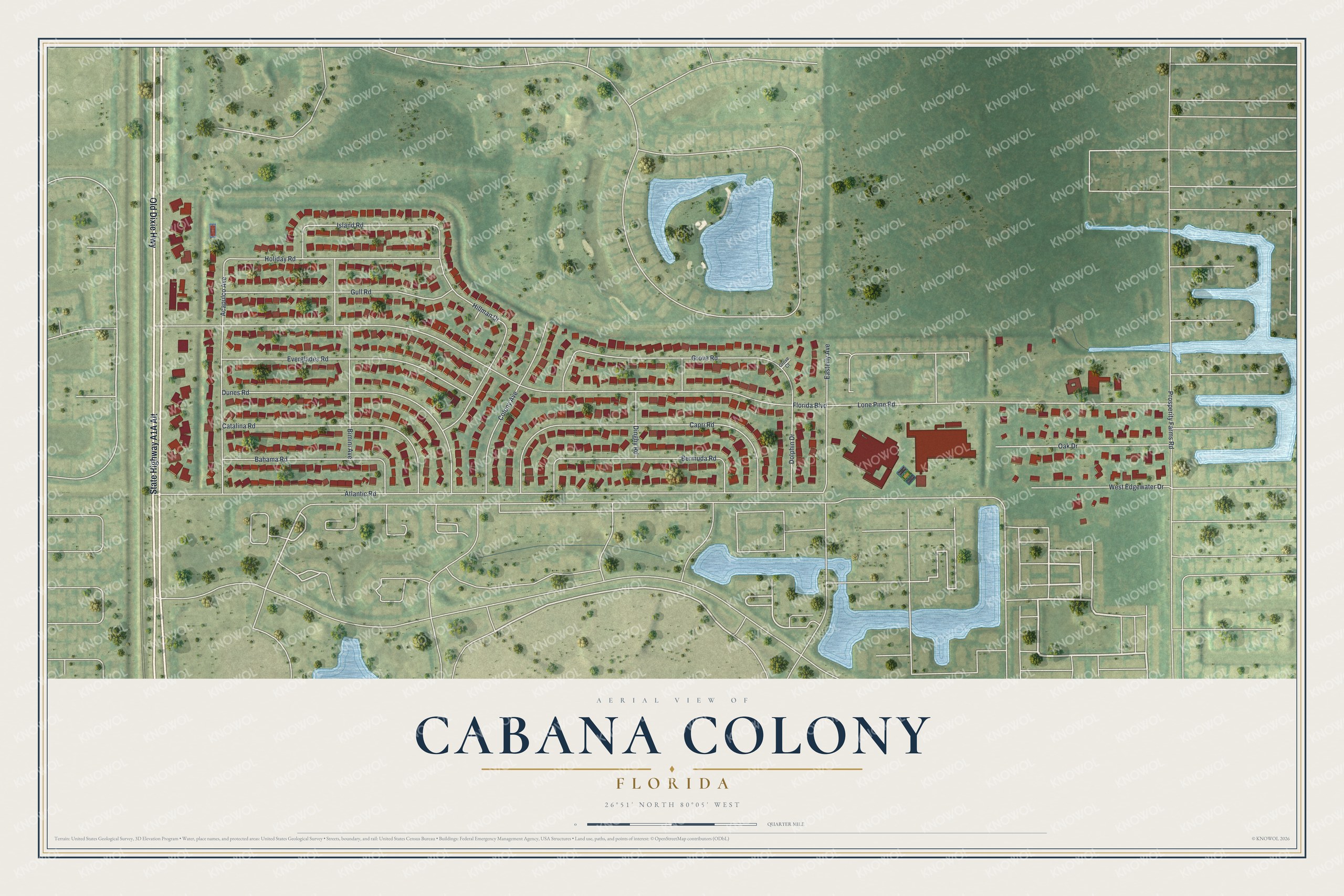Full map of Cabana Colony, Florida, with red buildings, printed street names and the land around them