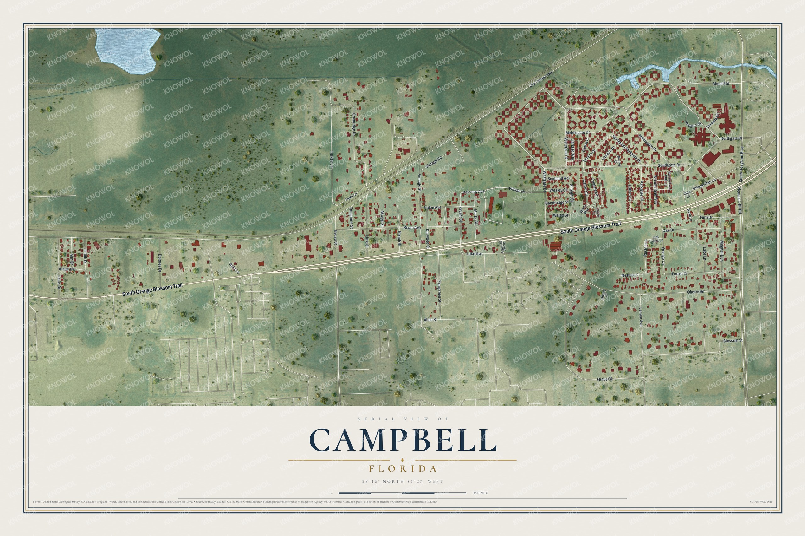 Full map of Campbell, Florida, with red buildings, printed street names and the land around them