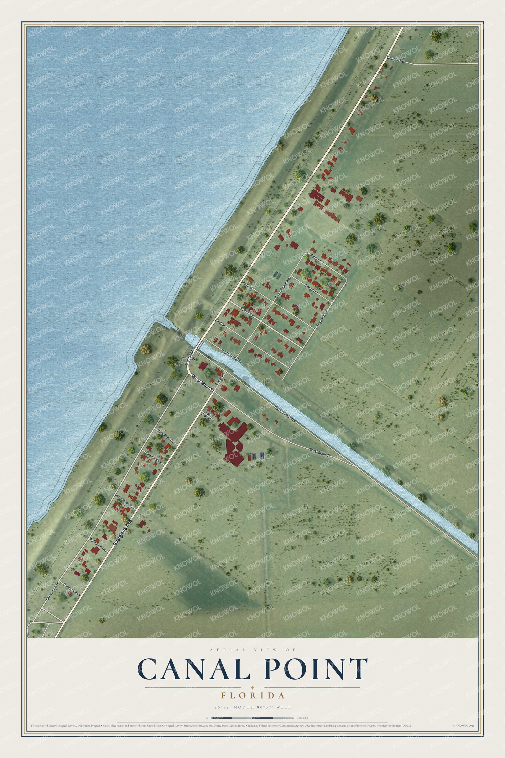 Full map of Canal Point, Florida, with red buildings, printed street names and the land around them