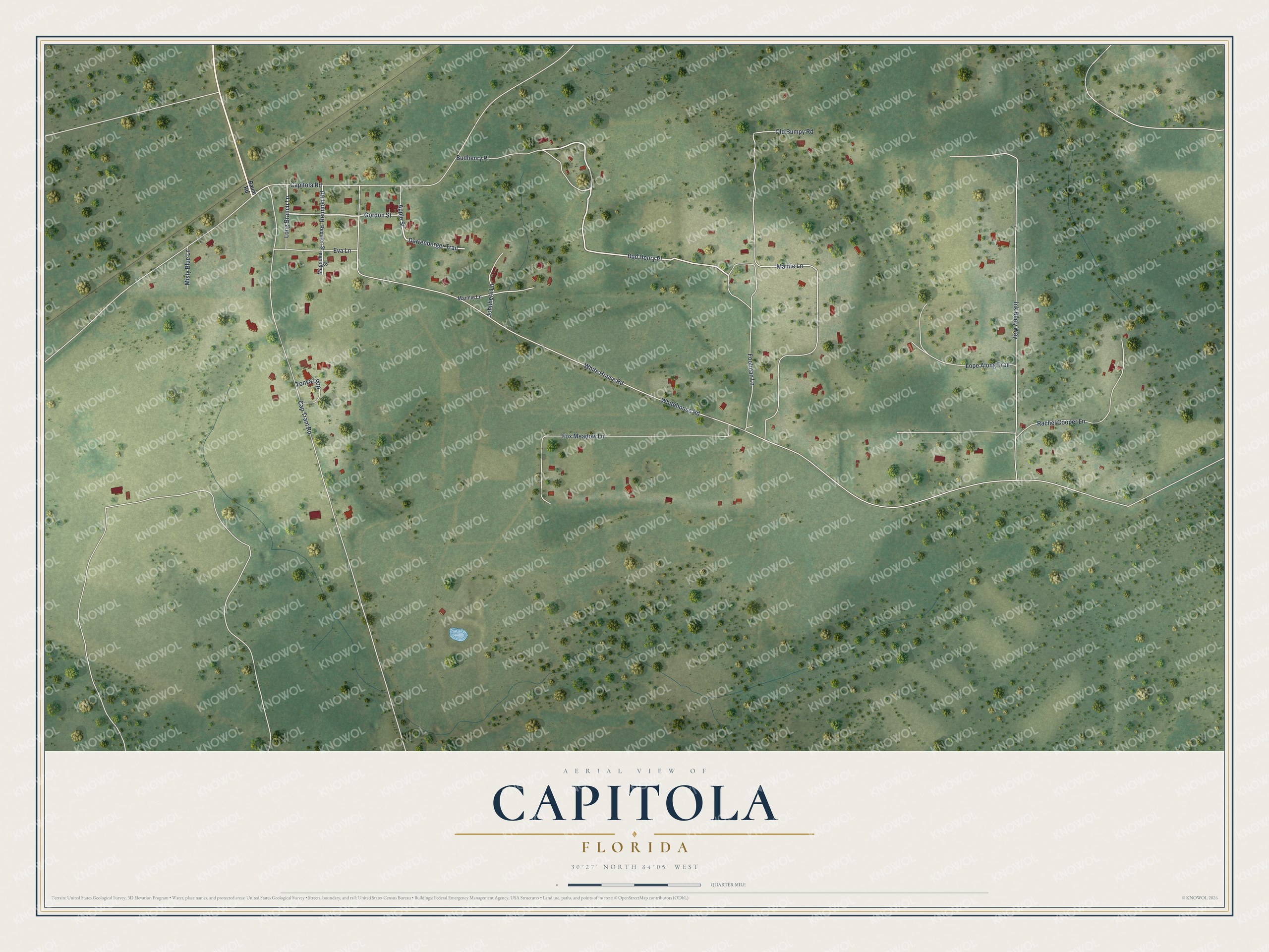 Full map of Capitola, Florida, with red buildings, printed street names and the land around them