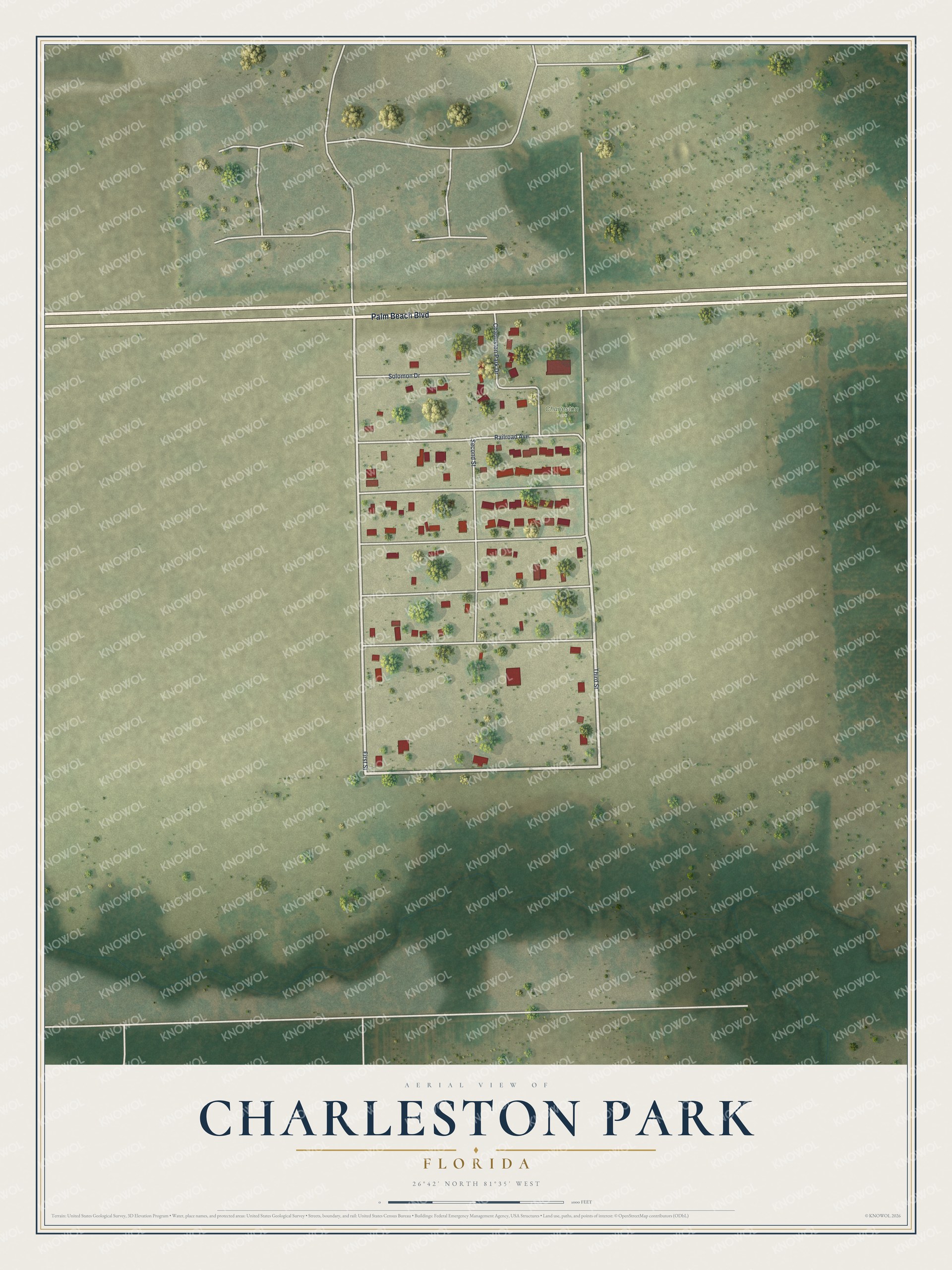 Full map of Charleston Park, Florida, with red buildings, printed street names and the land around them