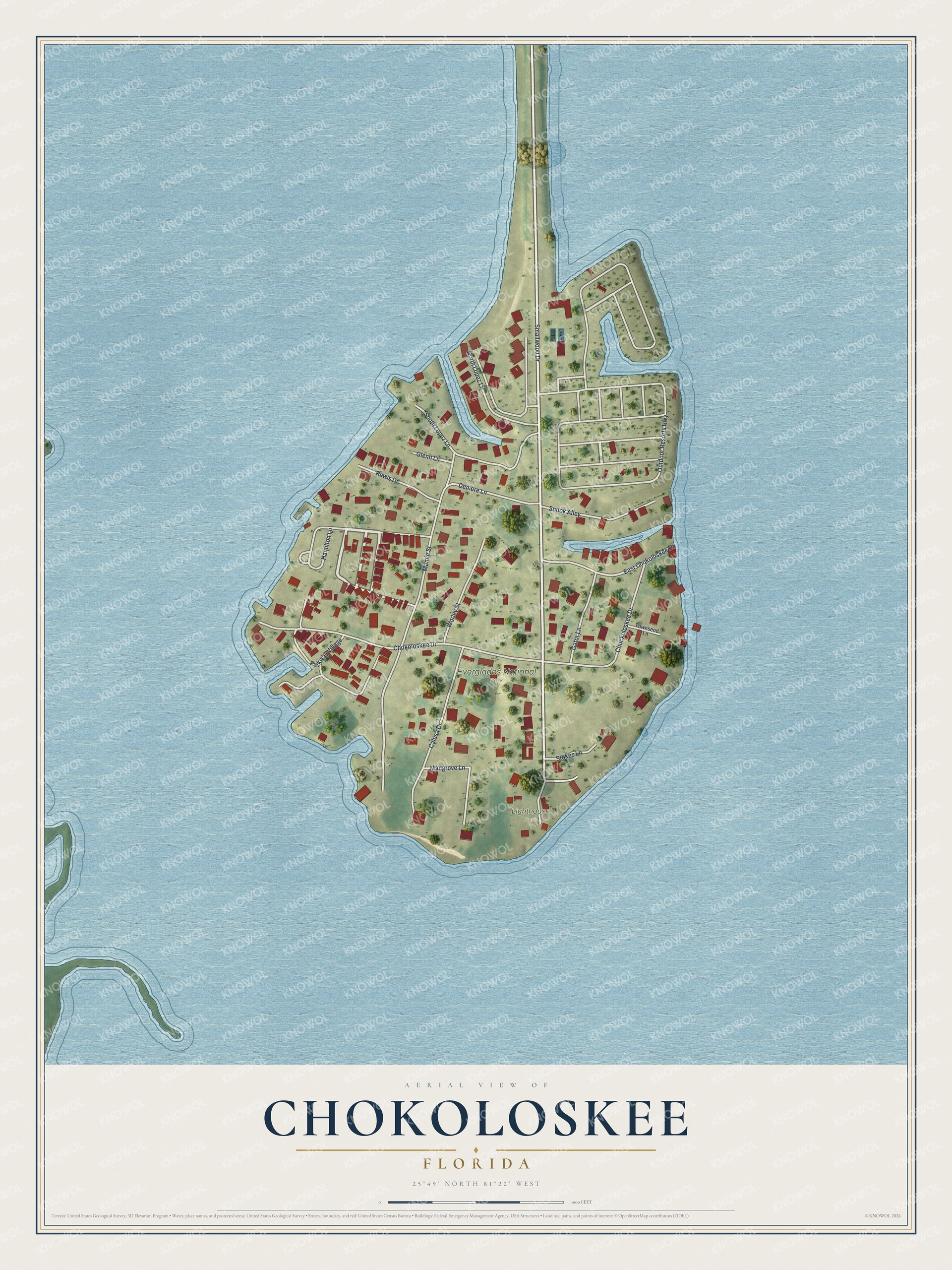 Full map of Chokoloskee, Florida, with red buildings, printed street names and the land around them