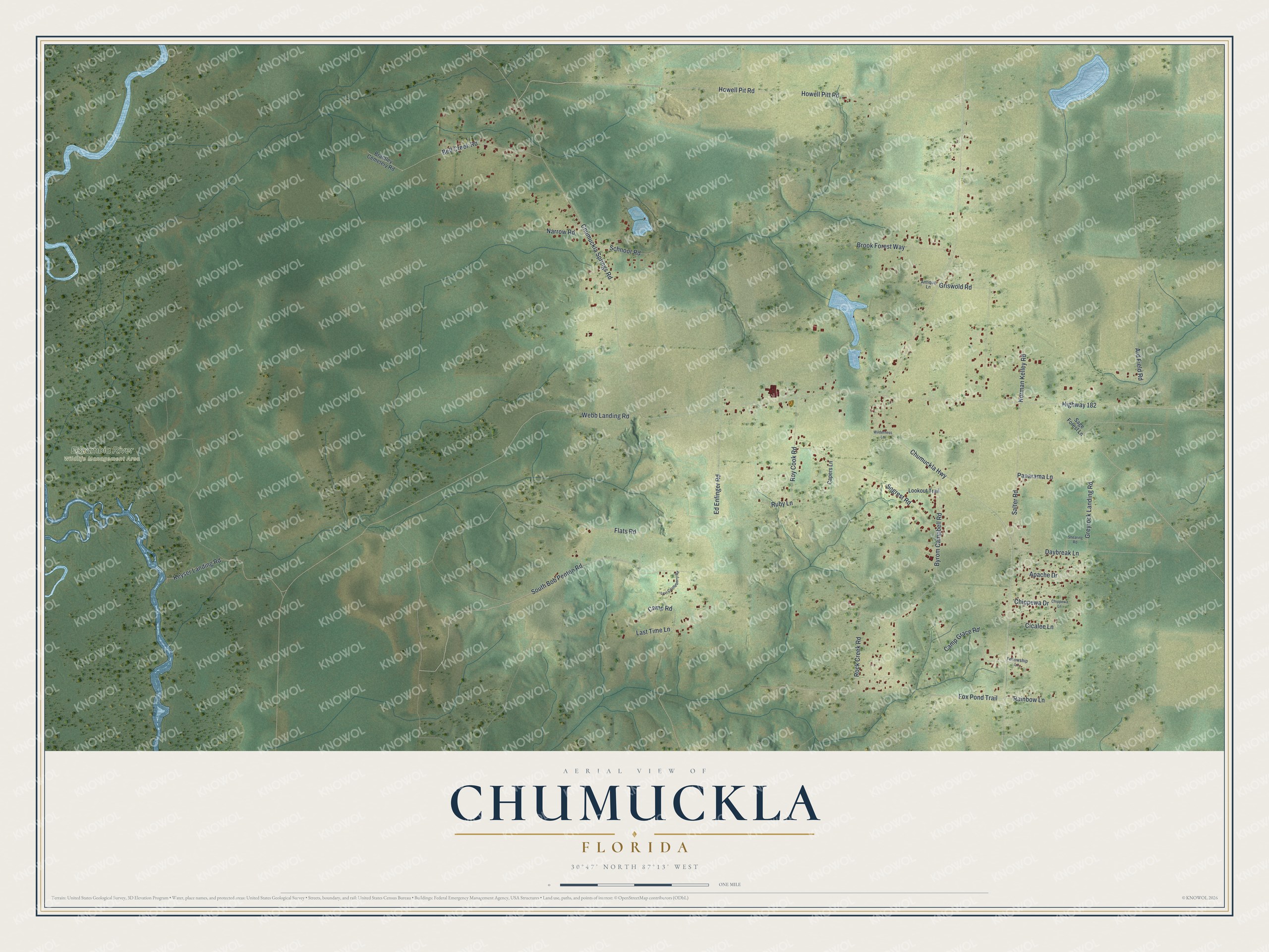 Full map of Chumuckla, Florida, with red buildings, printed street names and the land around them
