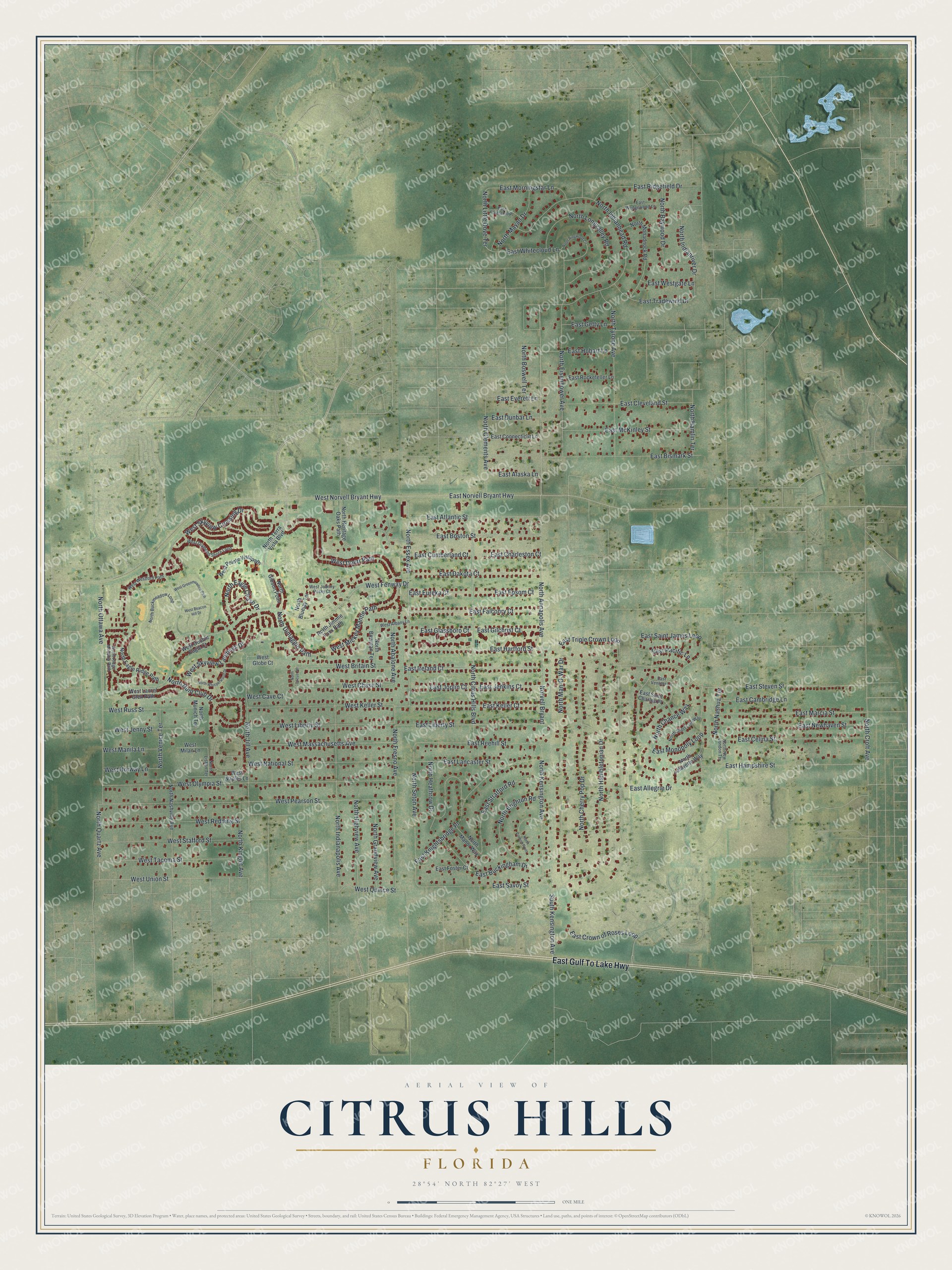 Full map of Citrus Hills, Florida, with red buildings, printed street names and the land around them