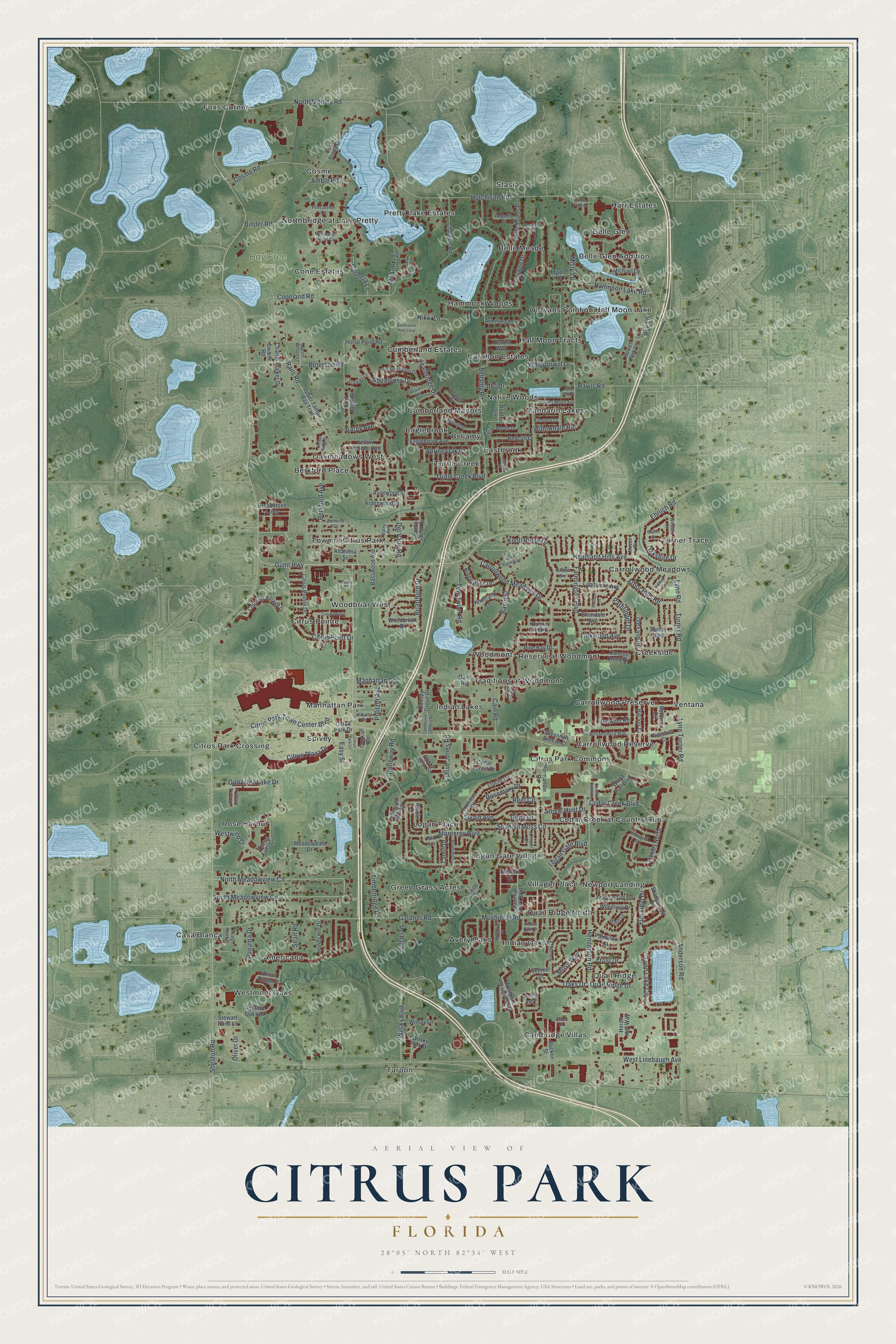 Full map of Citrus Park, Florida, with red buildings, printed street names and the land around them
