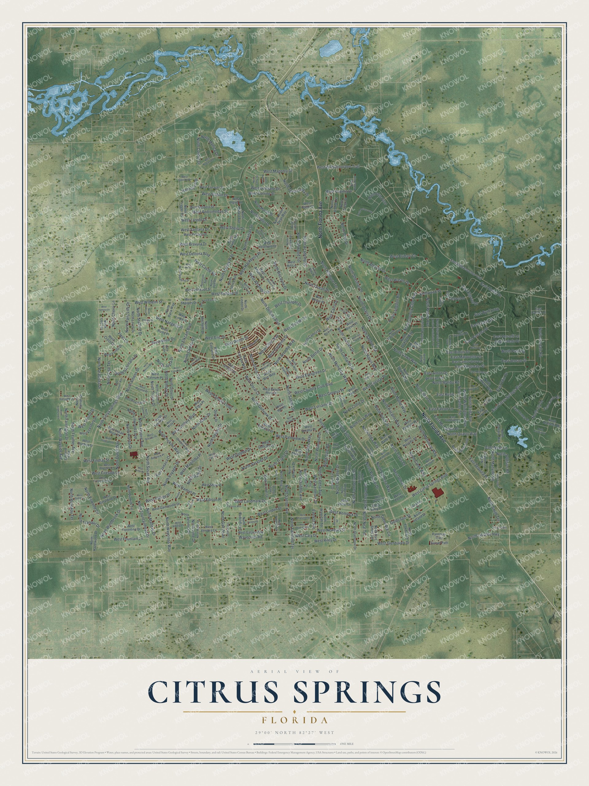 Full map of Citrus Springs, Florida, with red buildings, printed street names and the land around them