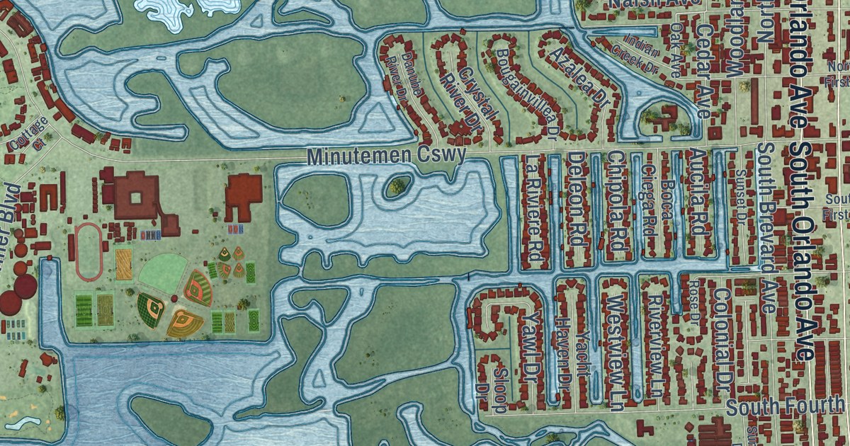 Close-up of streets and buildings in Cocoa Beach, Florida