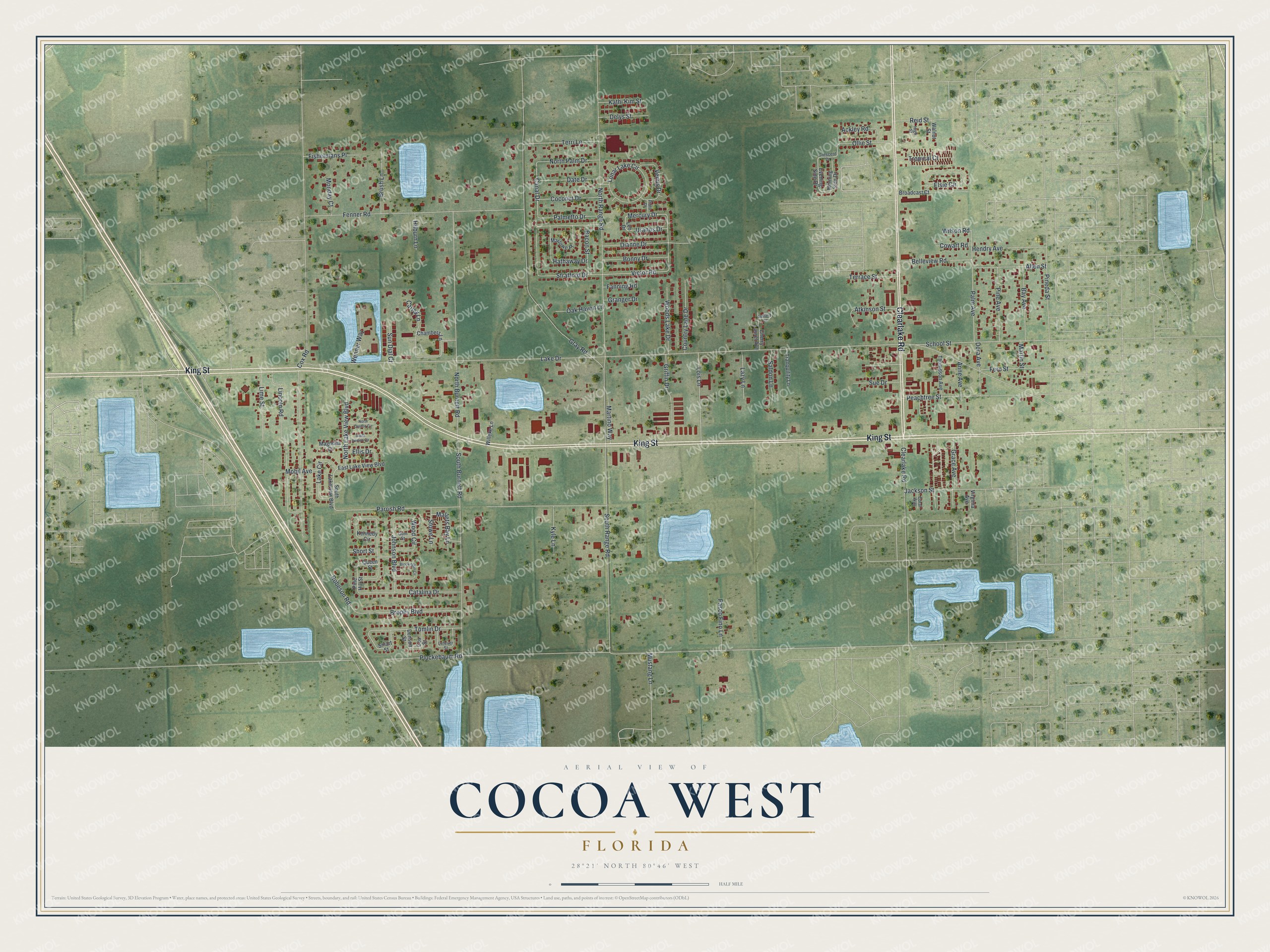 Full map of Cocoa West, Florida, with red buildings, printed street names and the land around them