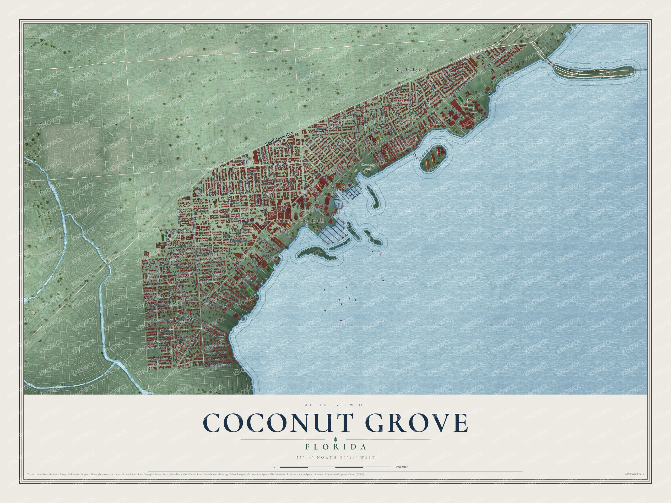 Full map of Coconut Grove, Florida, with red buildings, printed street names and the land around them