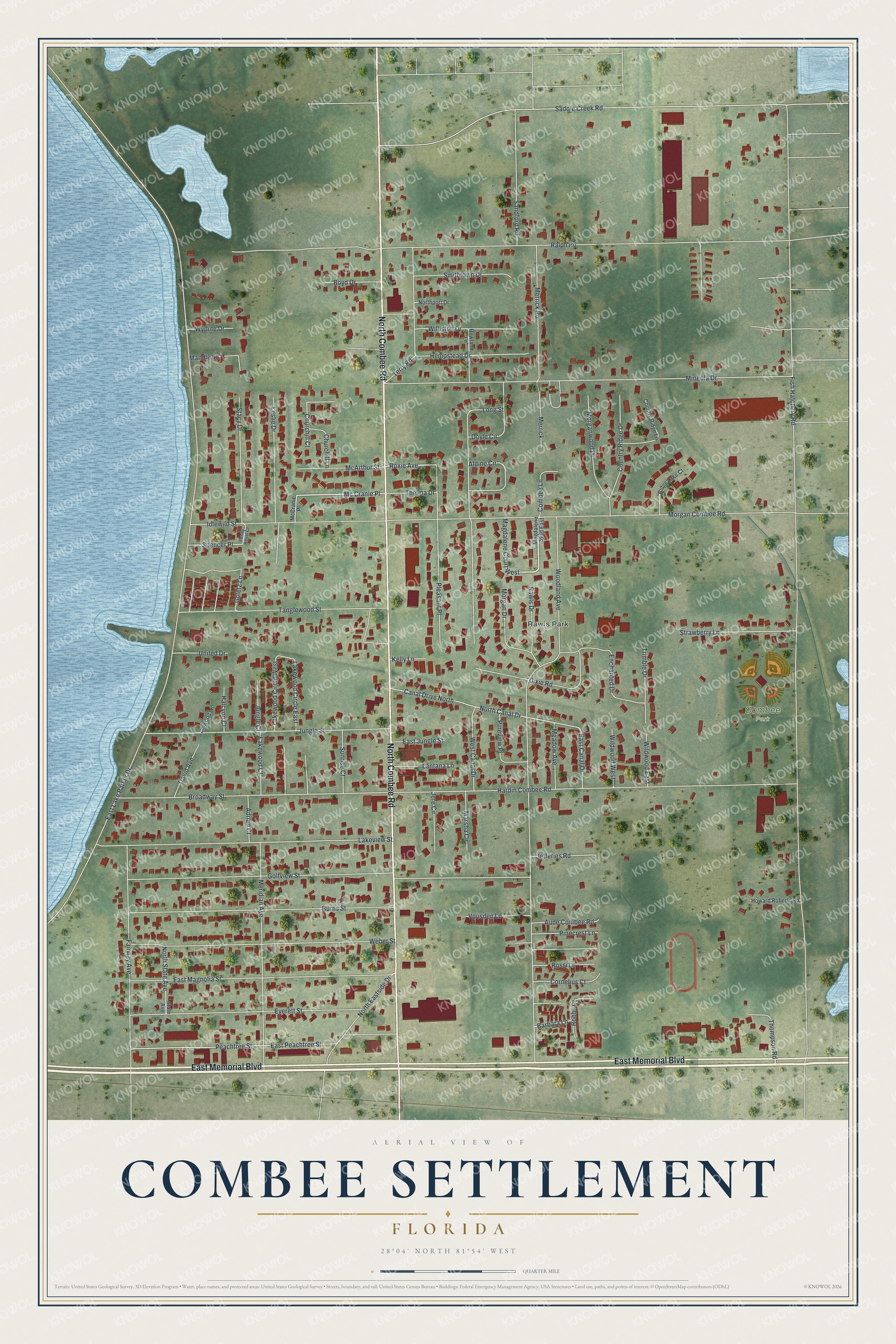 Full map of Combee Settlement, Florida, with red buildings, printed street names and the land around them