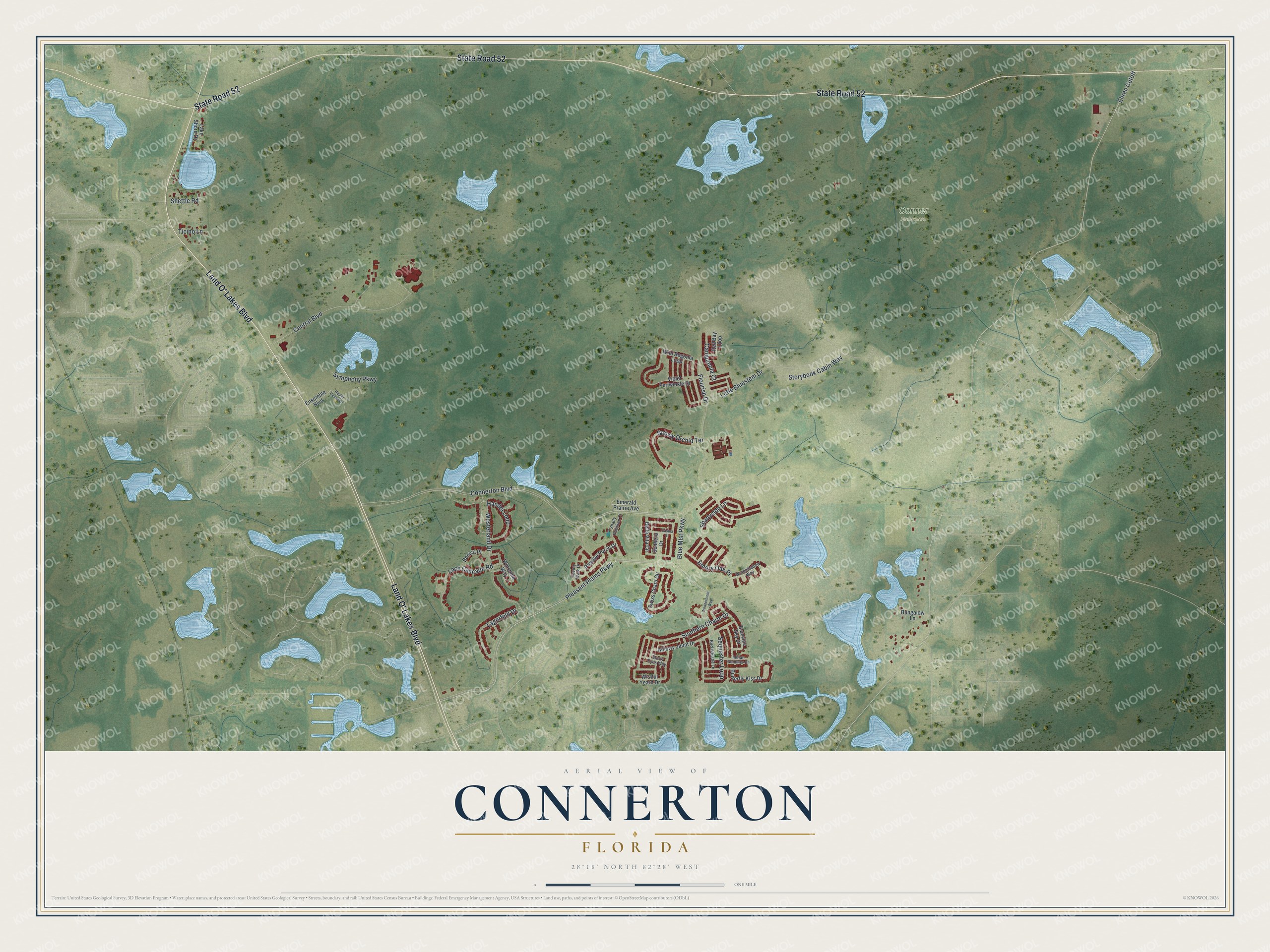 Full map of Connerton, Florida, with red buildings, printed street names and the land around them