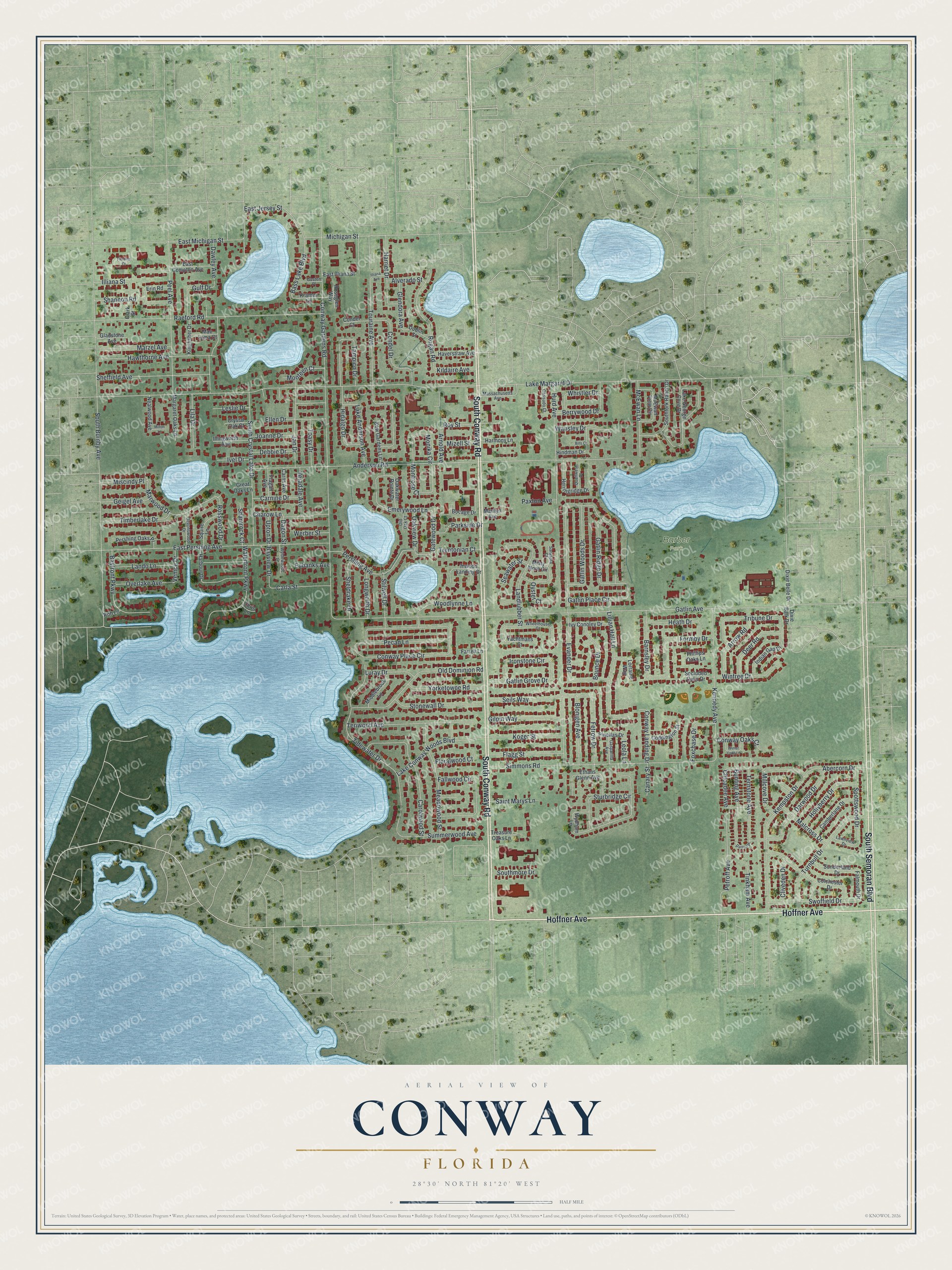 Full map of Conway, Florida, with red buildings, printed street names and the land around them