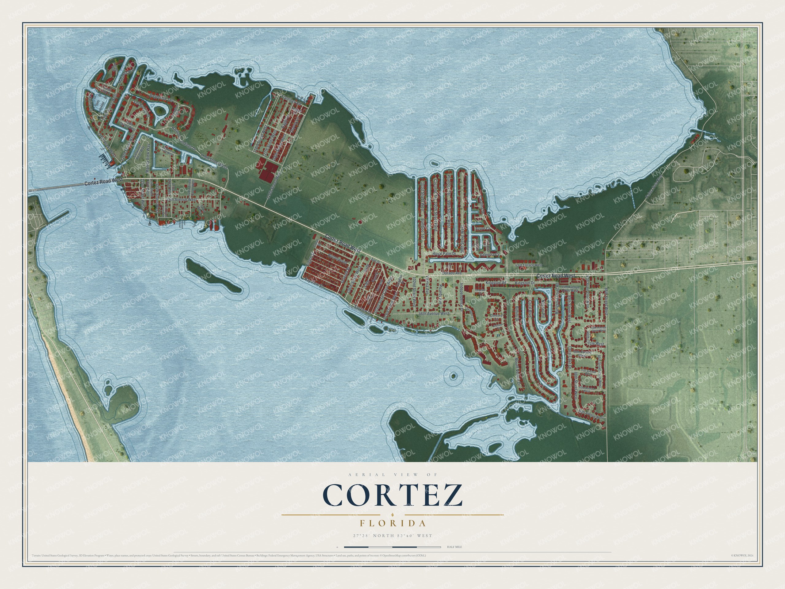 Full map of Cortez, Florida, with red buildings, printed street names and the land around them