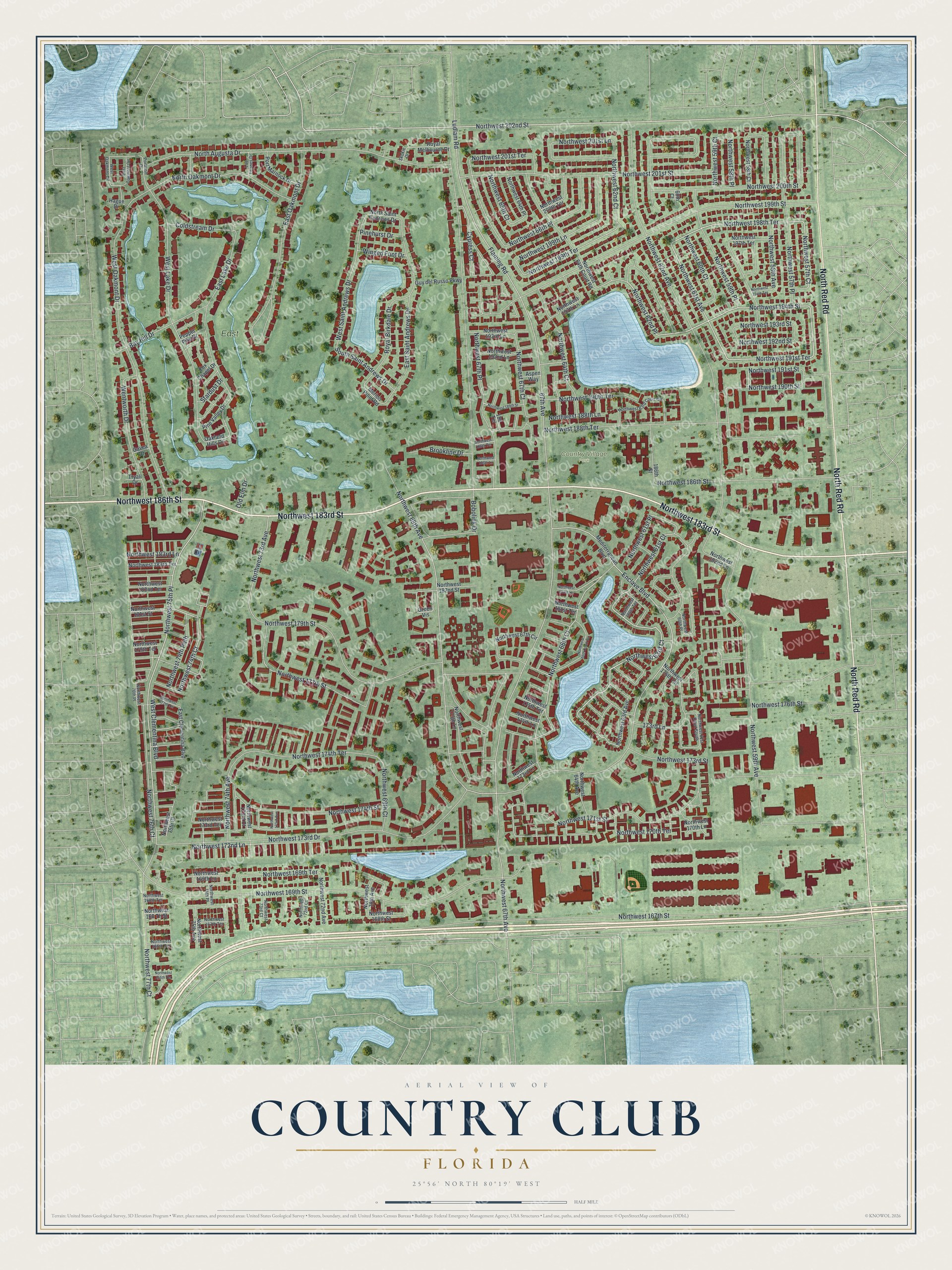 Full map of Country Club, Florida, with red buildings, printed street names and the land around them