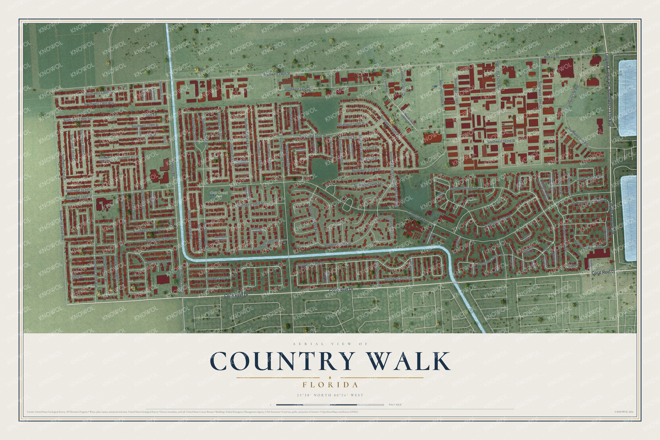 Full map of Country Walk, Florida, with red buildings, printed street names and the land around them