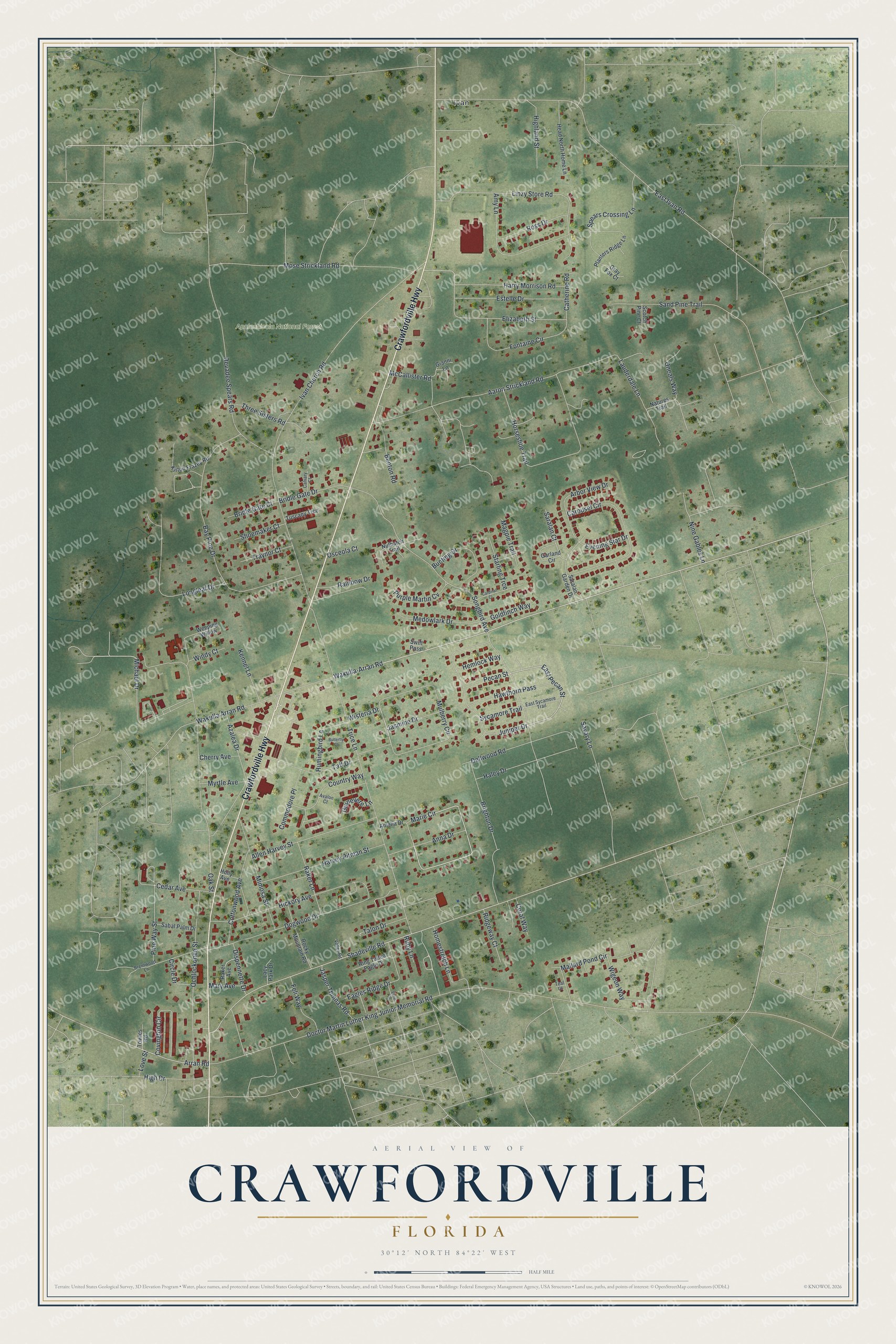 Full map of Crawfordville, Florida, with red buildings, printed street names and the land around them