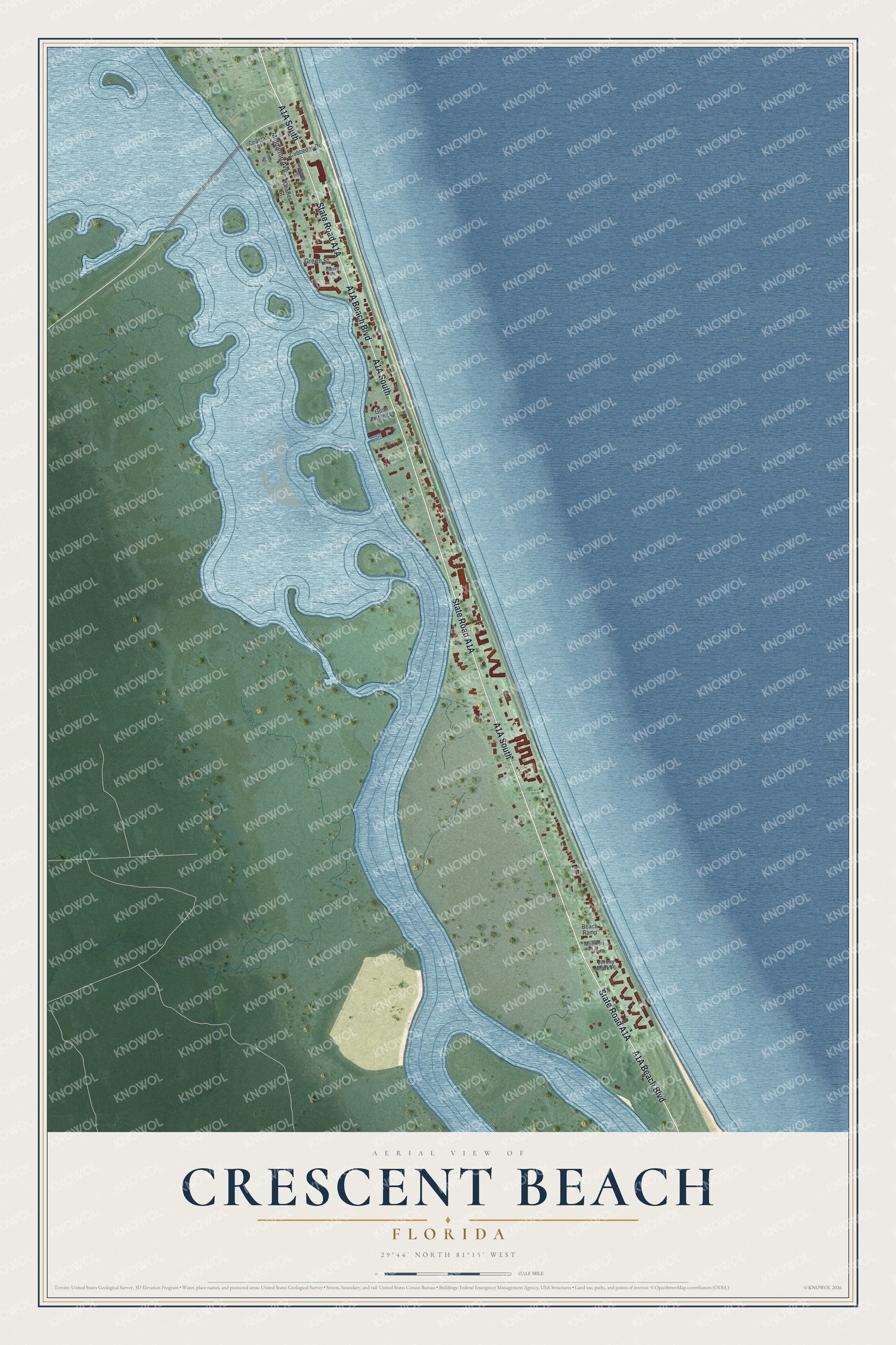 Full map of Crescent Beach, Florida, with red buildings, printed street names and the land around them