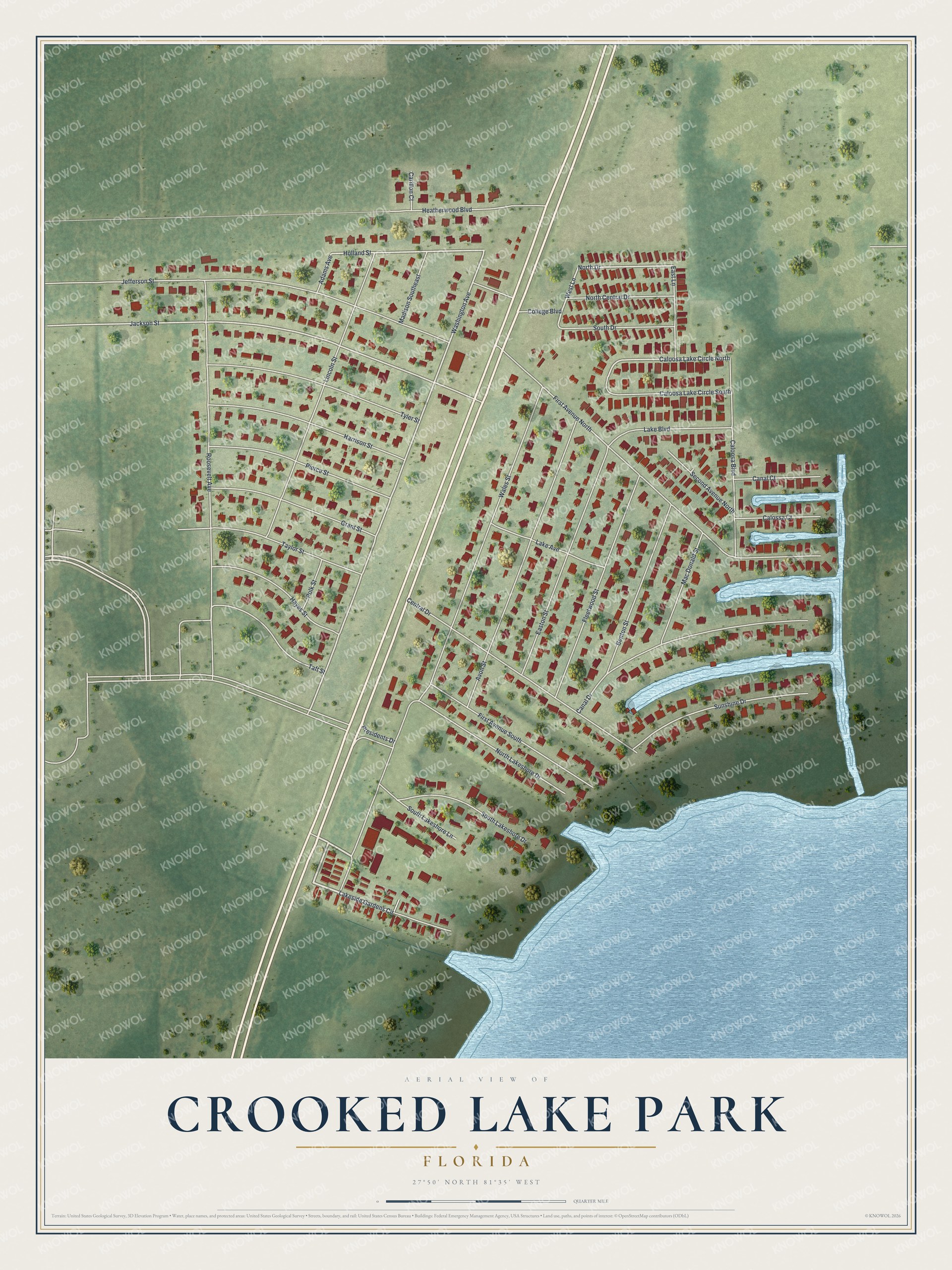 Full map of Crooked Lake Park, Florida, with red buildings, printed street names and the land around them