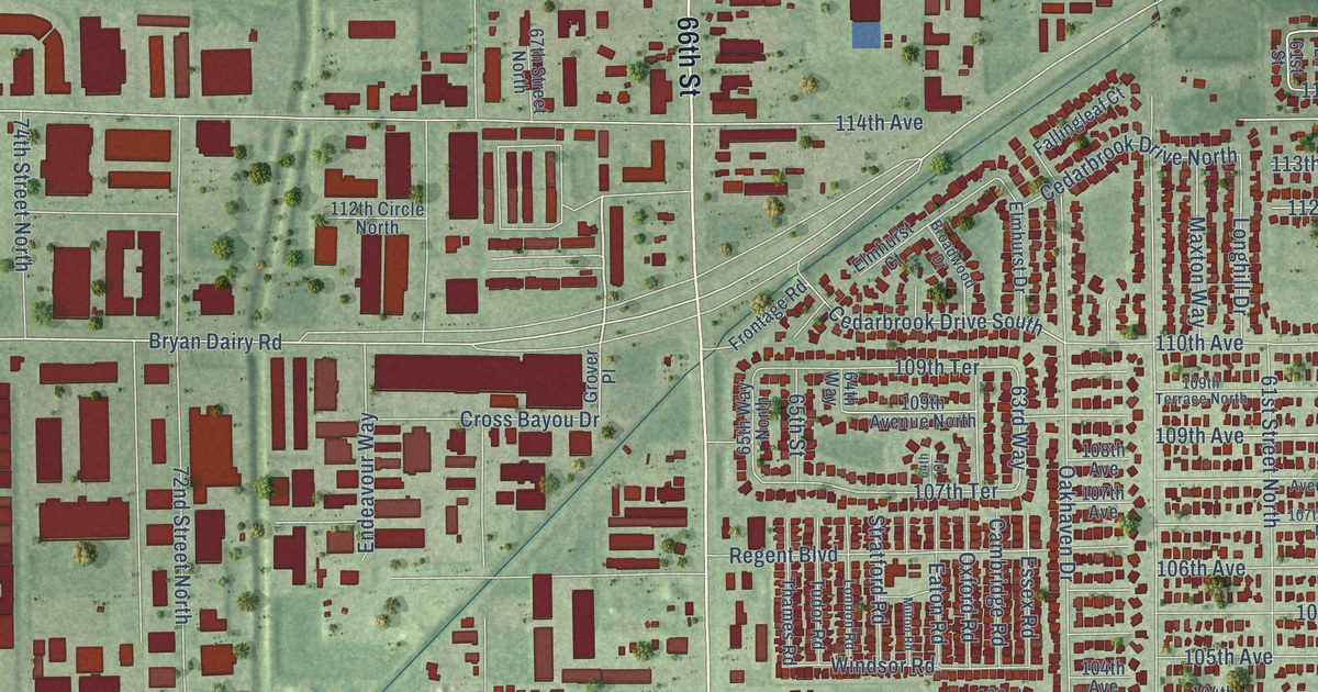 Close-up of streets and buildings in Cross Bayou, Florida