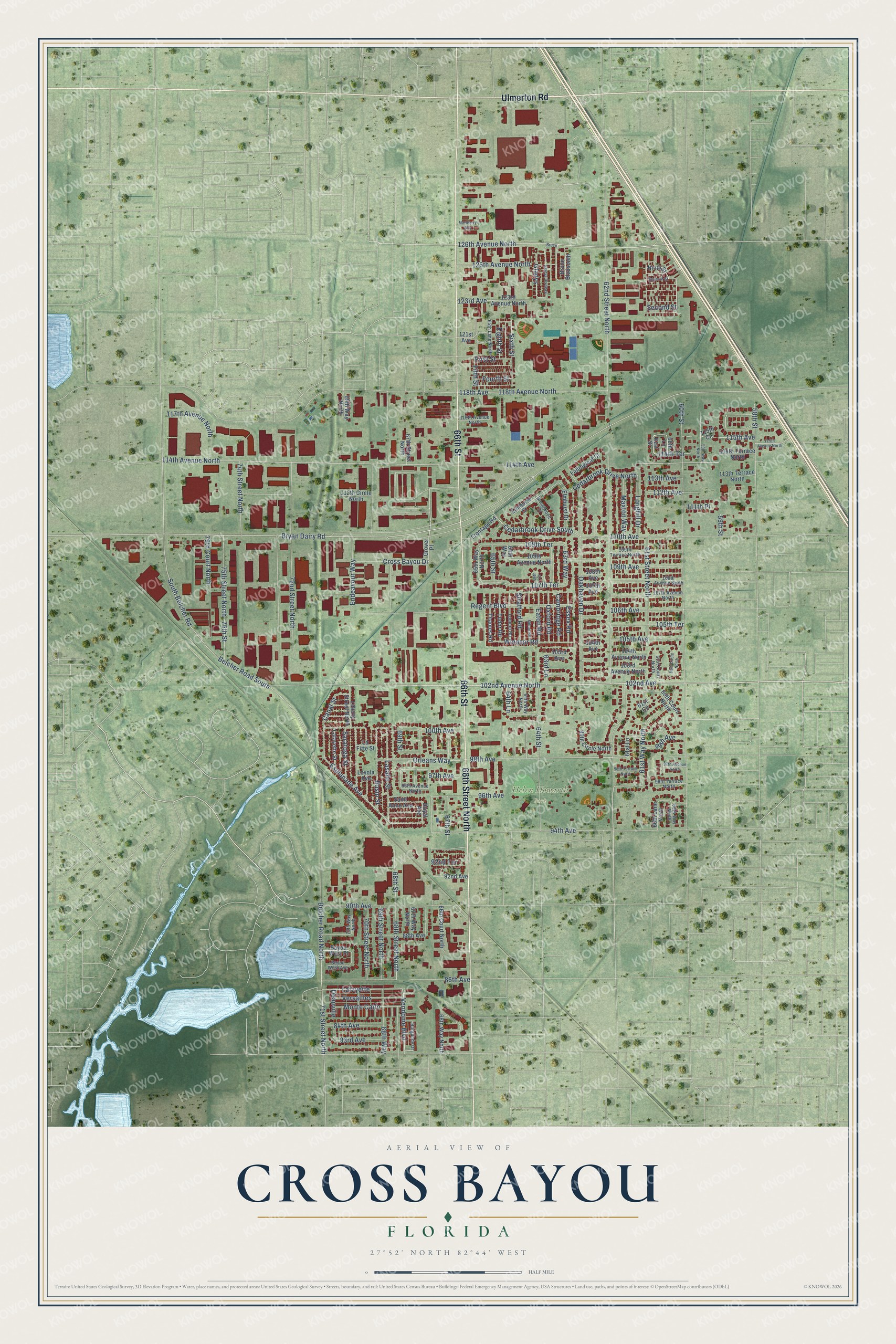 Full map of Cross Bayou, Florida, with red buildings, printed street names and the land around them