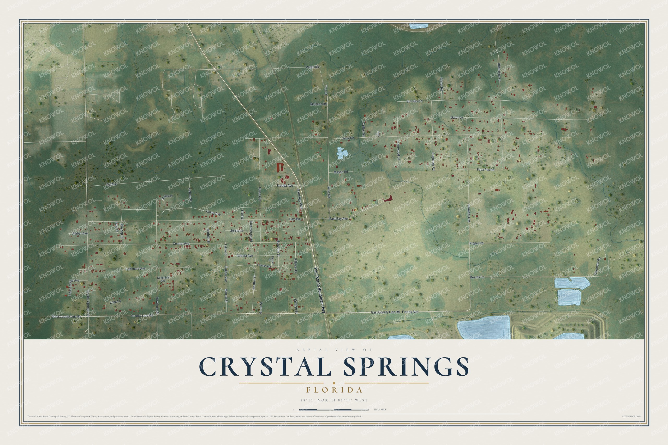 Full map of Crystal Springs, Florida, with red buildings, printed street names and the land around them