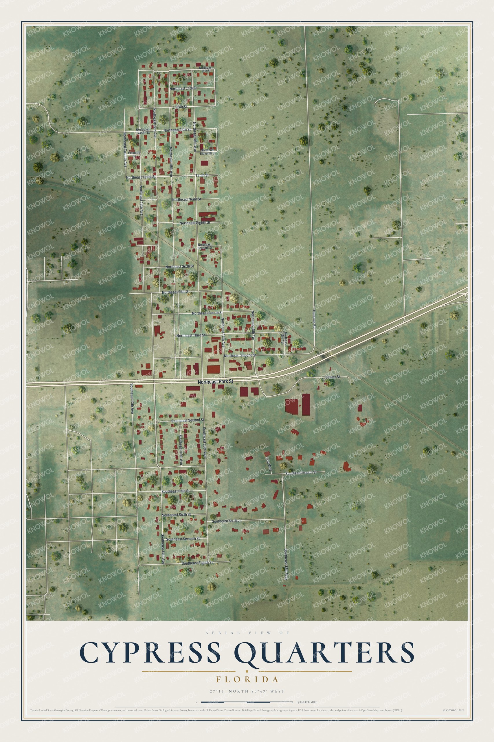 Full map of Cypress Quarters, Florida, with red buildings, printed street names and the land around them