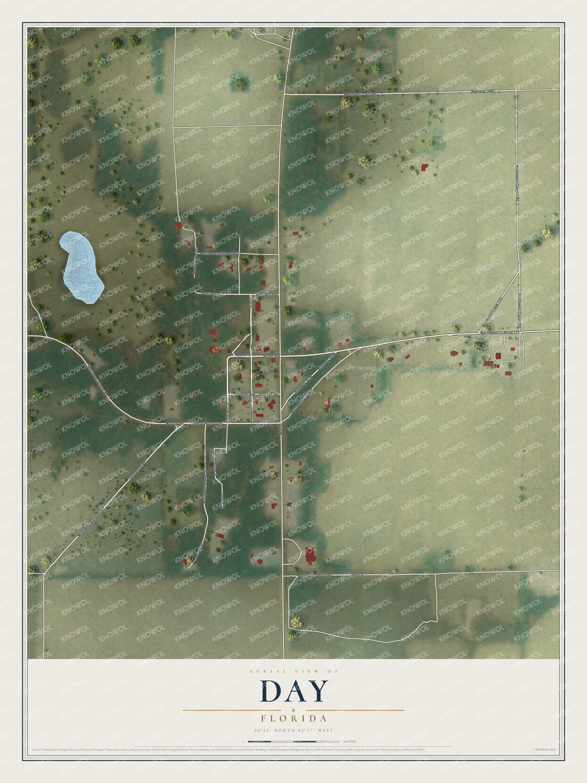Full map of Day, Florida, with red buildings, printed street names and the land around them